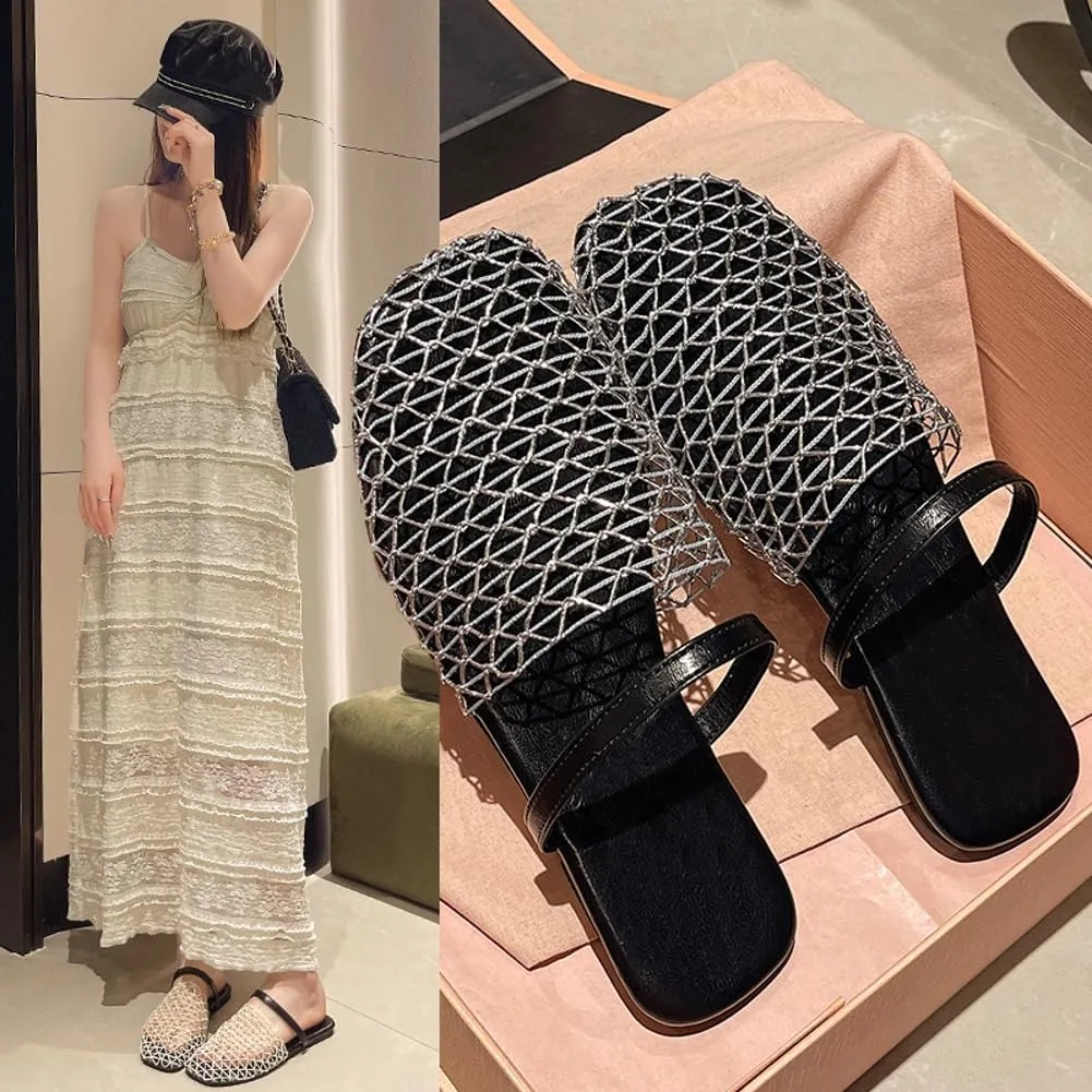 Mesh Flats for Women Causal Slip on Closed Toe Fishnet Flats Sandals Dress Mules Comfortable Summer Beach Slippers 2025