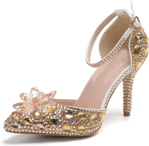 Minishion Womens Rhinestone Wedding Shoes Pumps with Flower Evening Prom Heels