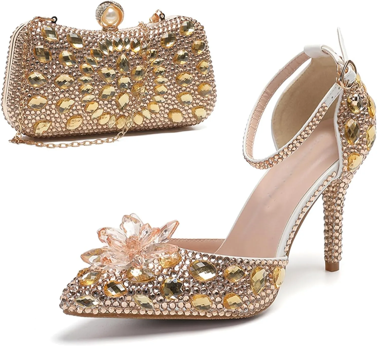 Minishion Womens Rhinestone Wedding Shoes Pumps with Flower Evening Prom Heels