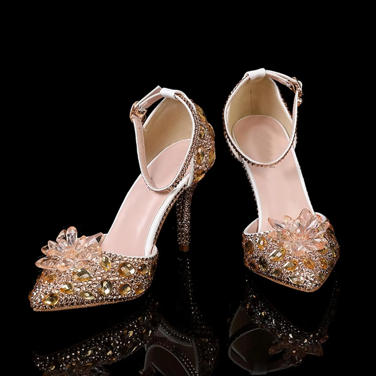 Minishion Womens Rhinestone Wedding Shoes Pumps with Flower Evening Prom Heels