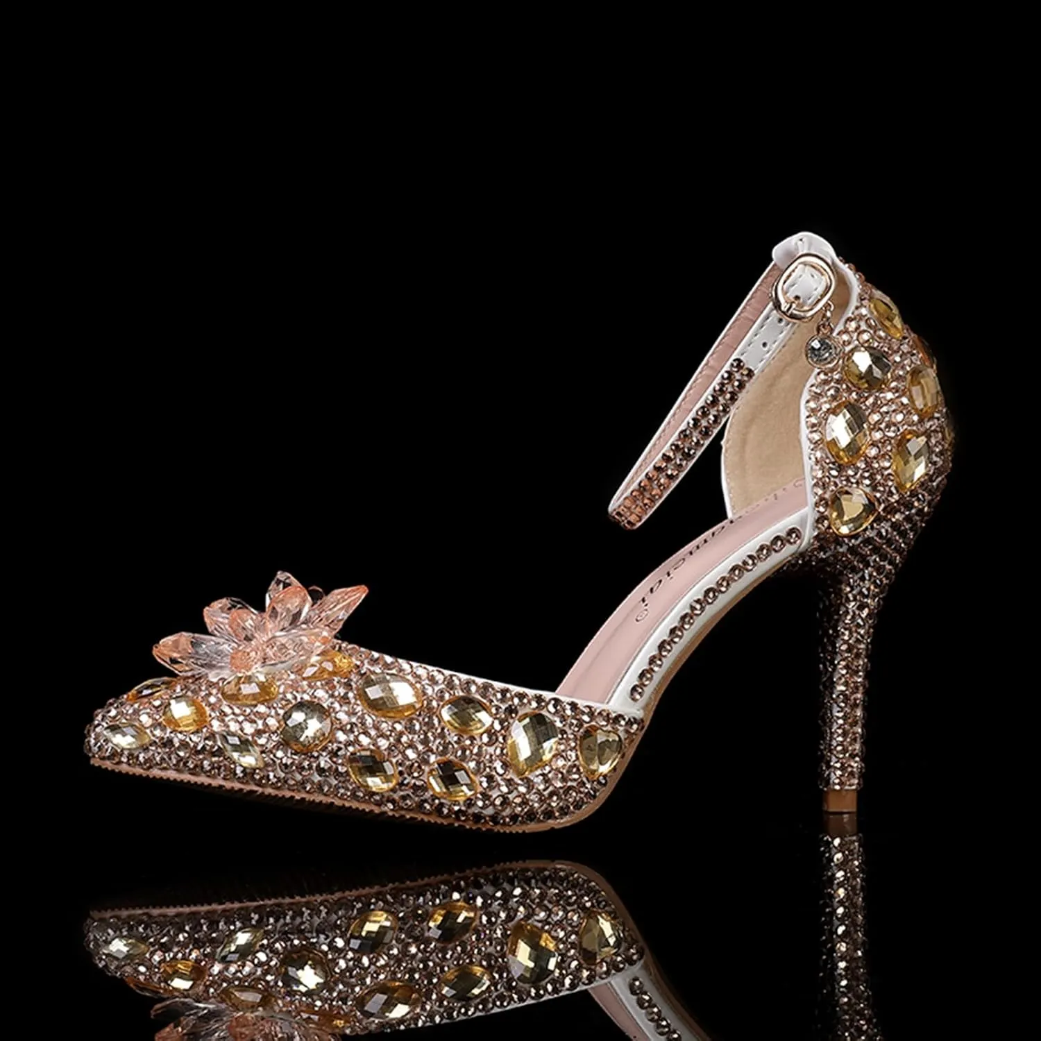 Minishion Womens Rhinestone Wedding Shoes Pumps with Flower Evening Prom Heels