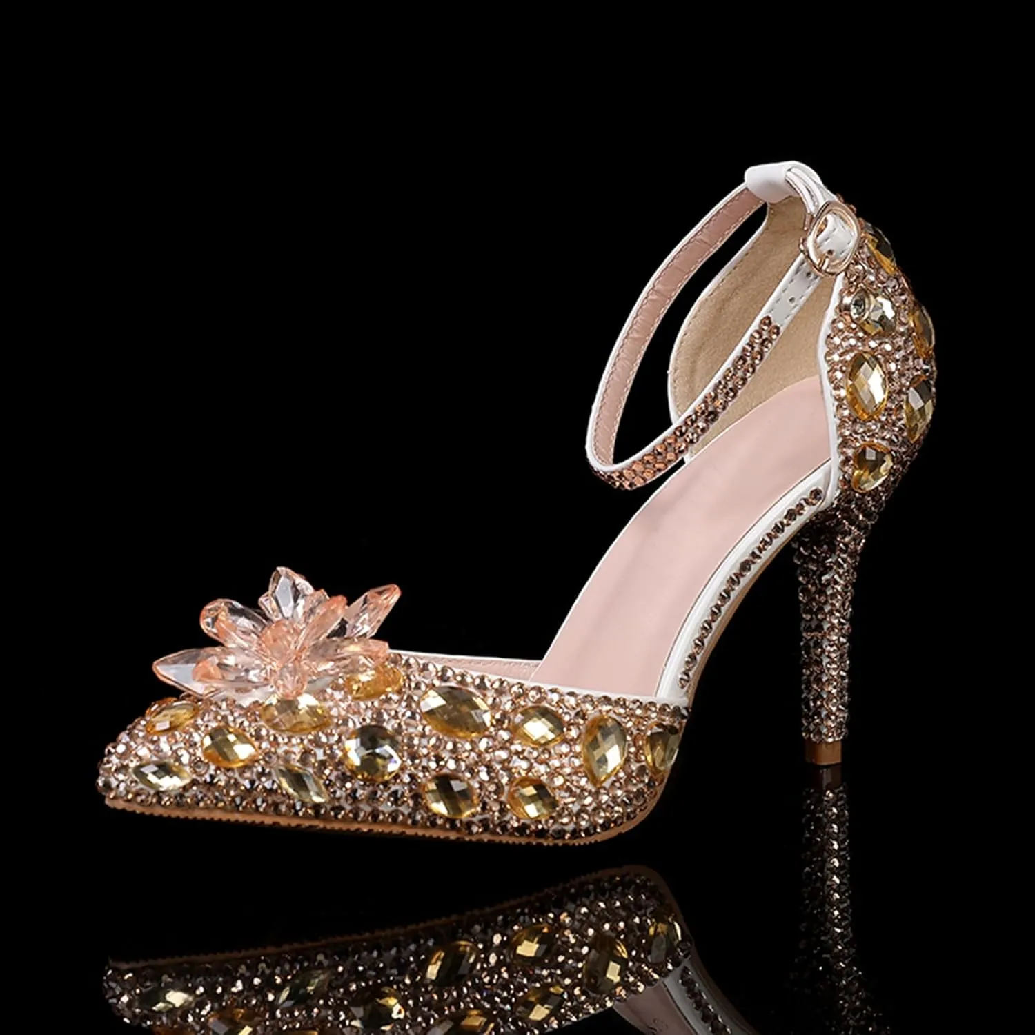 Minishion Womens Rhinestone Wedding Shoes Pumps with Flower Evening Prom Heels