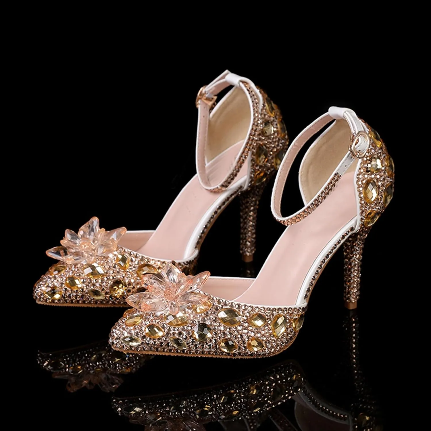 Minishion Womens Rhinestone Wedding Shoes Pumps with Flower Evening Prom Heels
