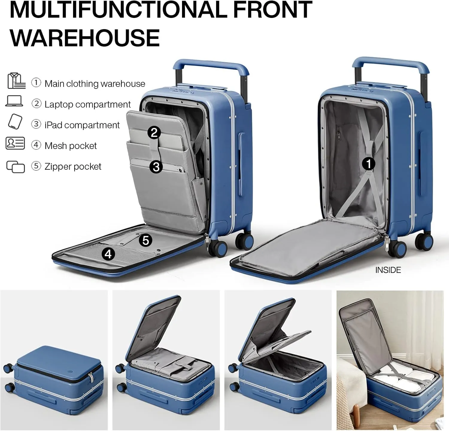 mixi Carry On Luggage 20'' Suitcase with Front Laptop Pocket, Wide Handle Rolling Travel Suitcases PC Hardshell with Aluminum Frame Spinner Wheels & TSA Lock, Carry-On Luggage(Sapphire Blue)