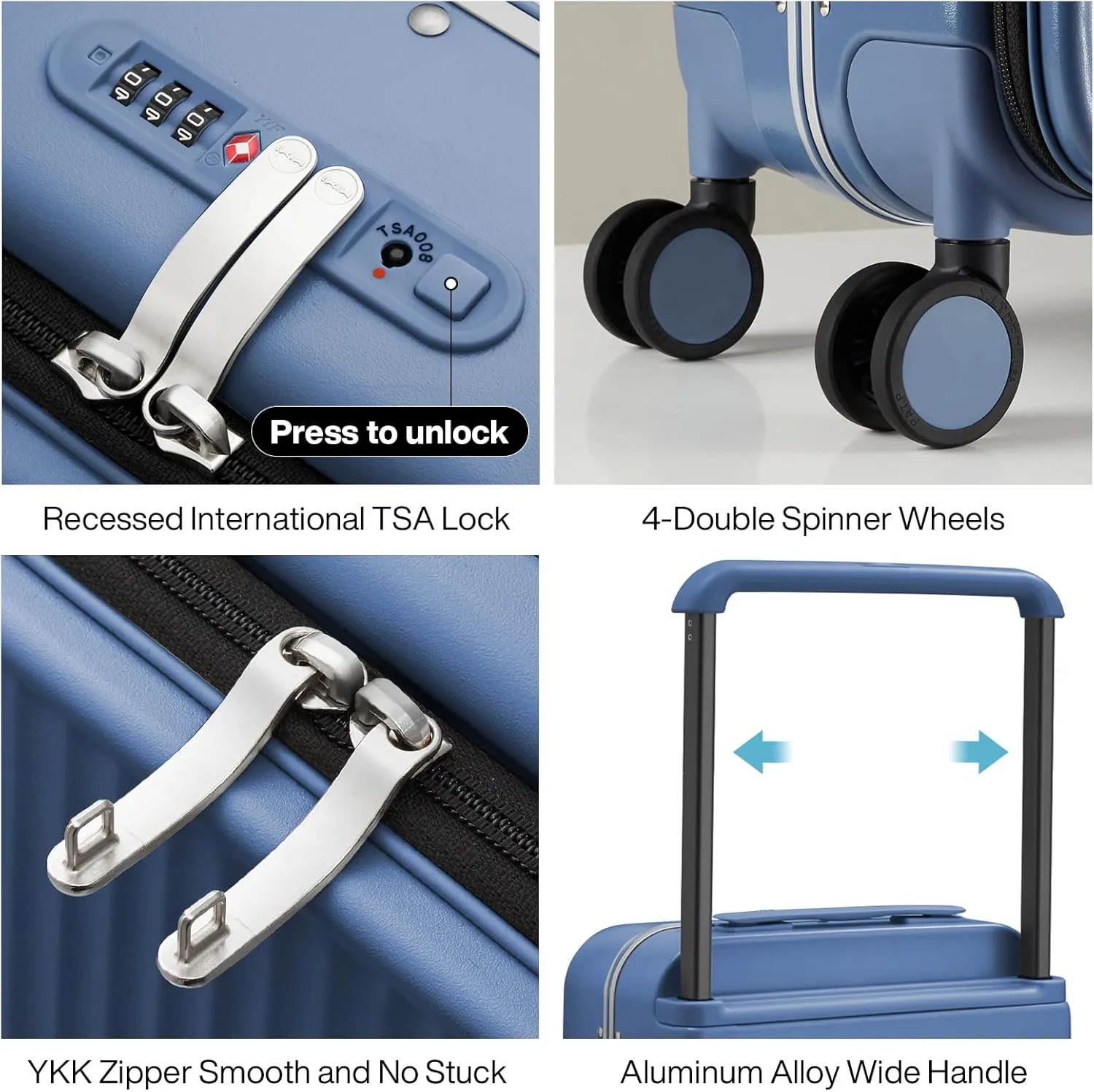 mixi Carry On Luggage 20'' Suitcase with Front Laptop Pocket, Wide Handle Rolling Travel Suitcases PC Hardshell with Aluminum Frame Spinner Wheels & TSA Lock, Carry-On Luggage(Sapphire Blue)