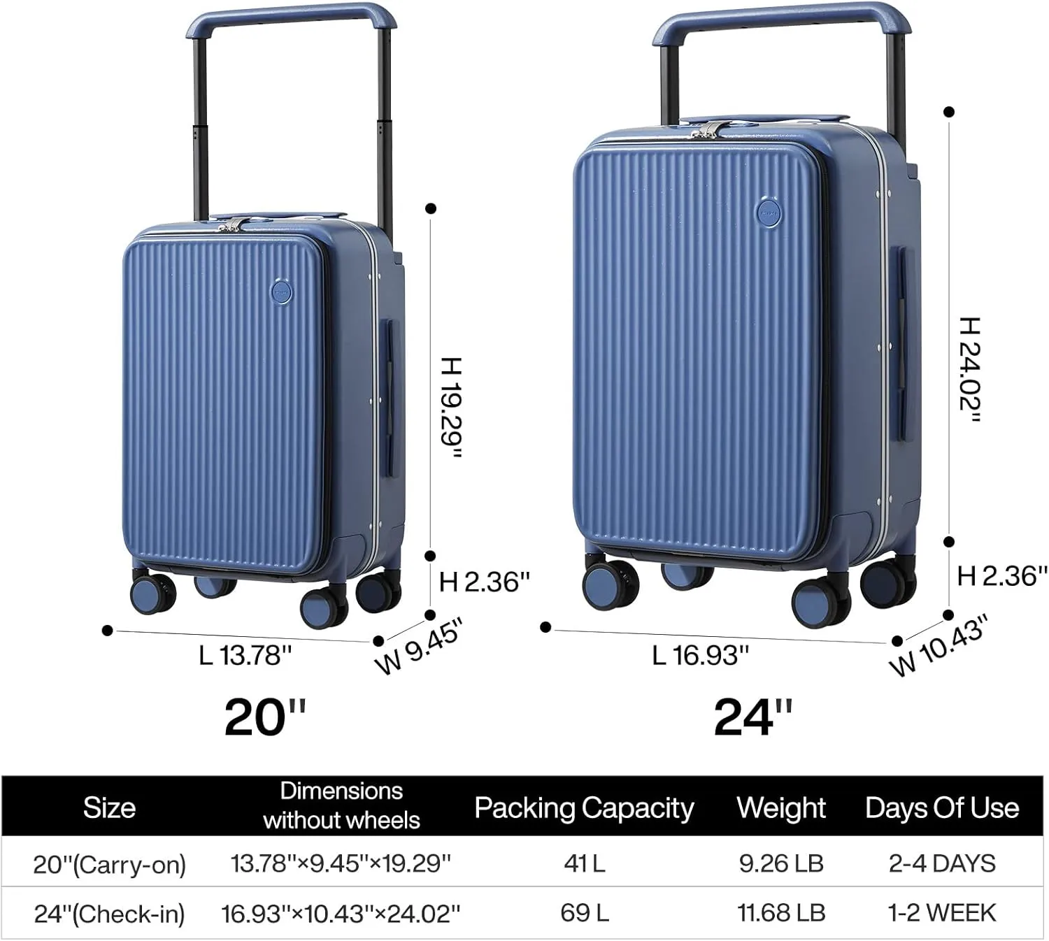mixi Carry On Luggage 20'' Suitcase with Front Laptop Pocket, Wide Handle Rolling Travel Suitcases PC Hardshell with Aluminum Frame Spinner Wheels & TSA Lock, Carry-On Luggage(Sapphire Blue)