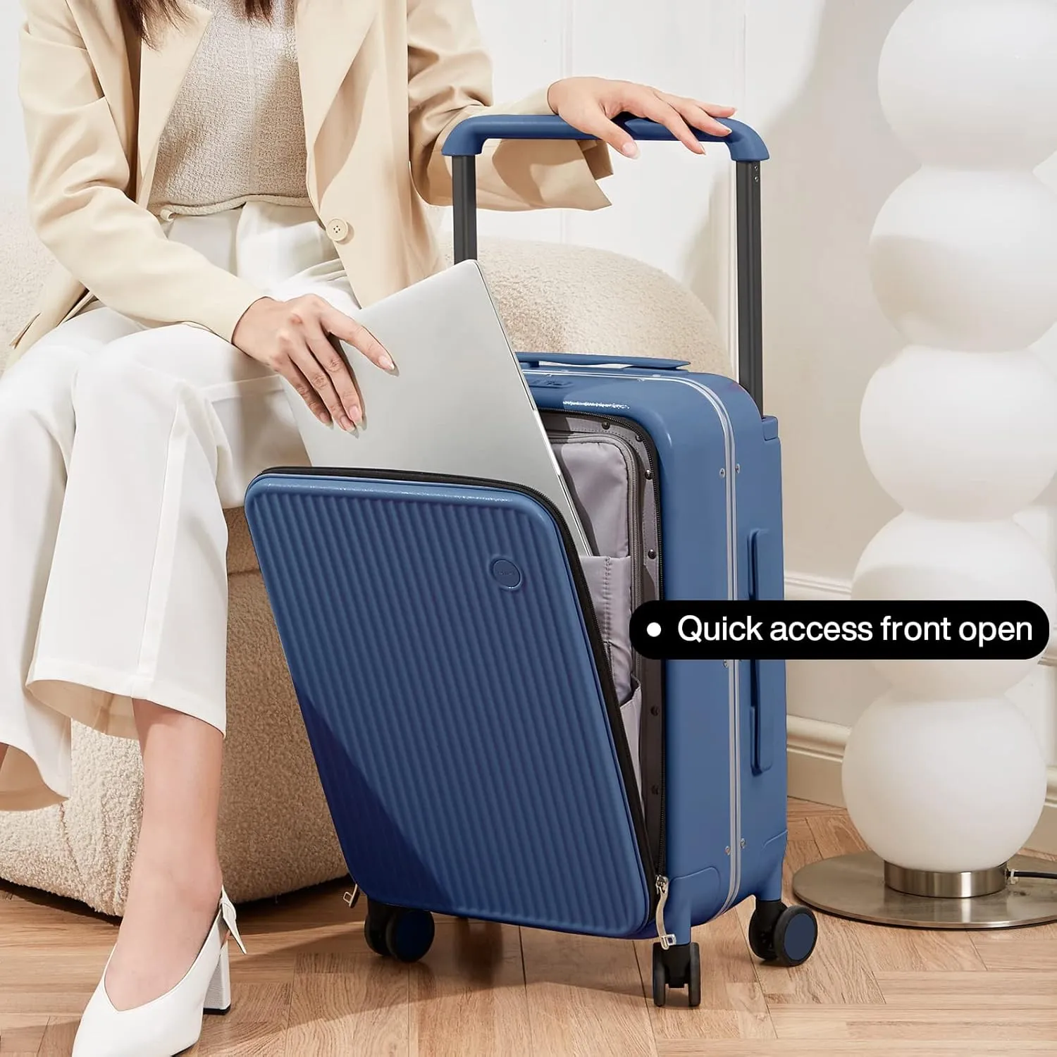 mixi Carry On Luggage 20'' Suitcase with Front Laptop Pocket, Wide Handle Rolling Travel Suitcases PC Hardshell with Aluminum Frame Spinner Wheels & TSA Lock, Carry-On Luggage(Sapphire Blue)