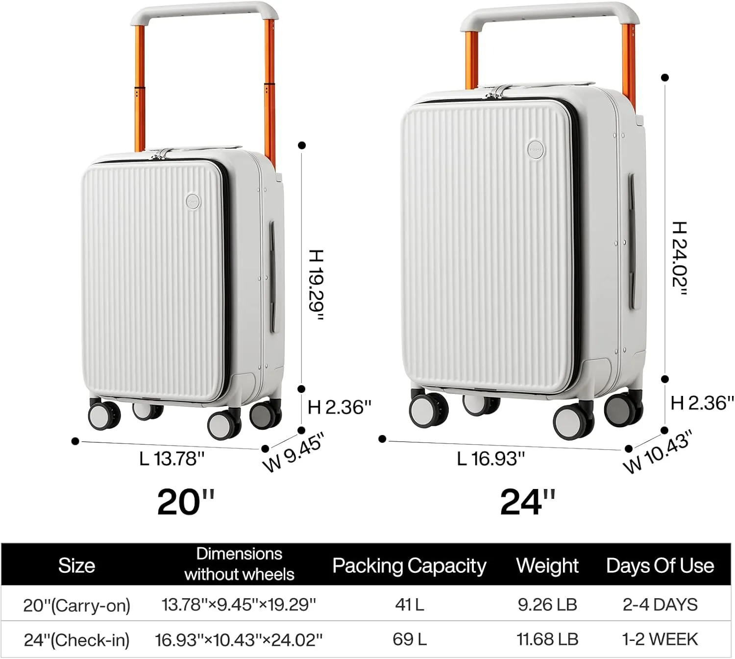 mixi Luggage Suitcases with Spinner Wheels 24'' Travel Luggage with Front Laptop Pocket, Wide Handle PC Hardshell Suitcase with TSA Lock, Checked Luggage(Smoke White)
