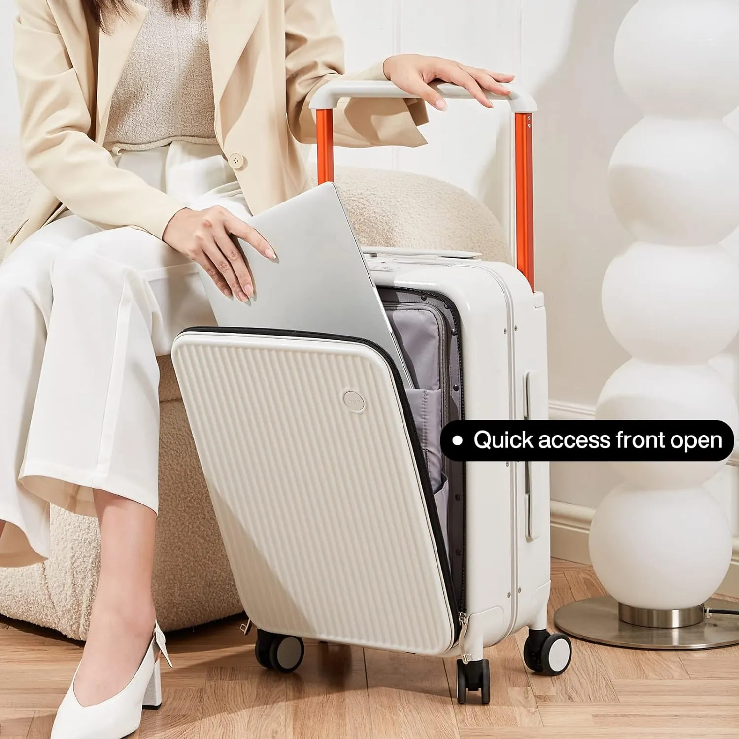 mixi Luggage Suitcases with Spinner Wheels 24'' Travel Luggage with Front Laptop Pocket, Wide Handle PC Hardshell Suitcase with TSA Lock, Checked Luggage(Smoke White)