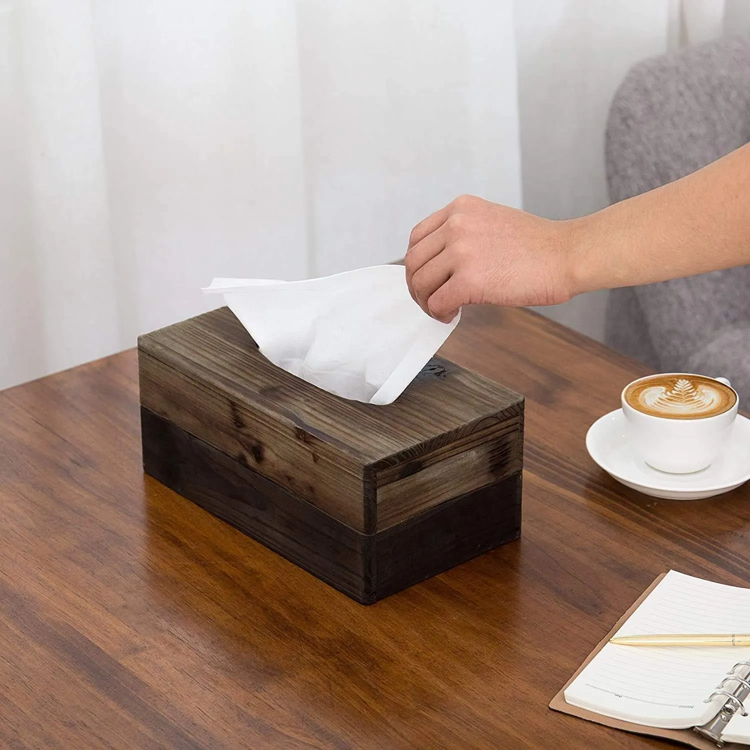 MyGift Tissue Box Cover Rectangular Rustic Torched Wood Kleenex Box Holder with Slide-Out Panel, Distressed Farmhouse Decor for Bathroom, Office, and Living Room