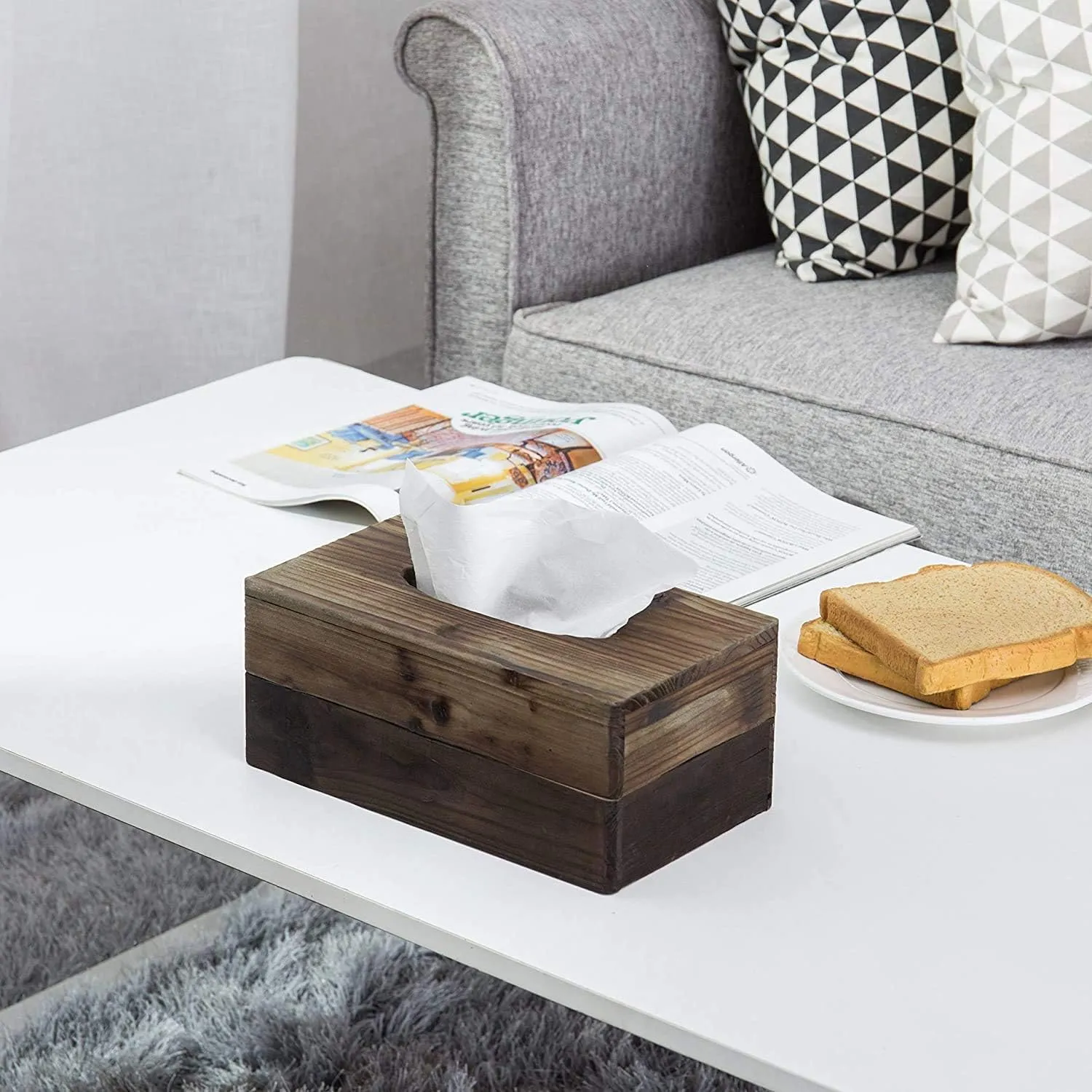 MyGift Tissue Box Cover Rectangular Rustic Torched Wood Kleenex Box Holder with Slide-Out Panel, Distressed Farmhouse Decor for Bathroom, Office, and Living Room