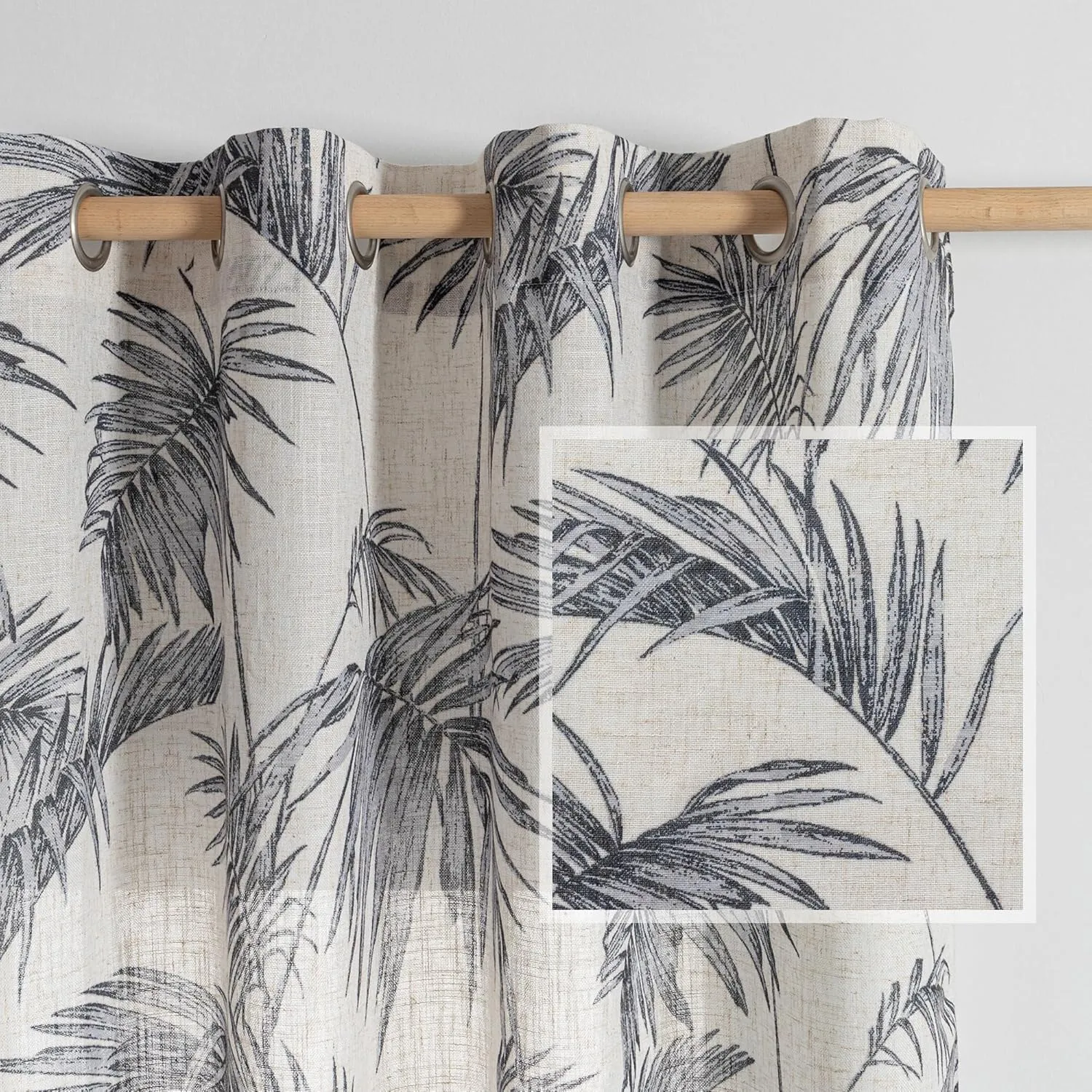 MYSKY HOME Linen Curtains for Living Room Plant Leaf Patterned Semi Sheer Vertical Drapes Decor Hawaiian Style Texture for Dining Room Light Soften Privacy, Grey, W52 x L84, Pack-2