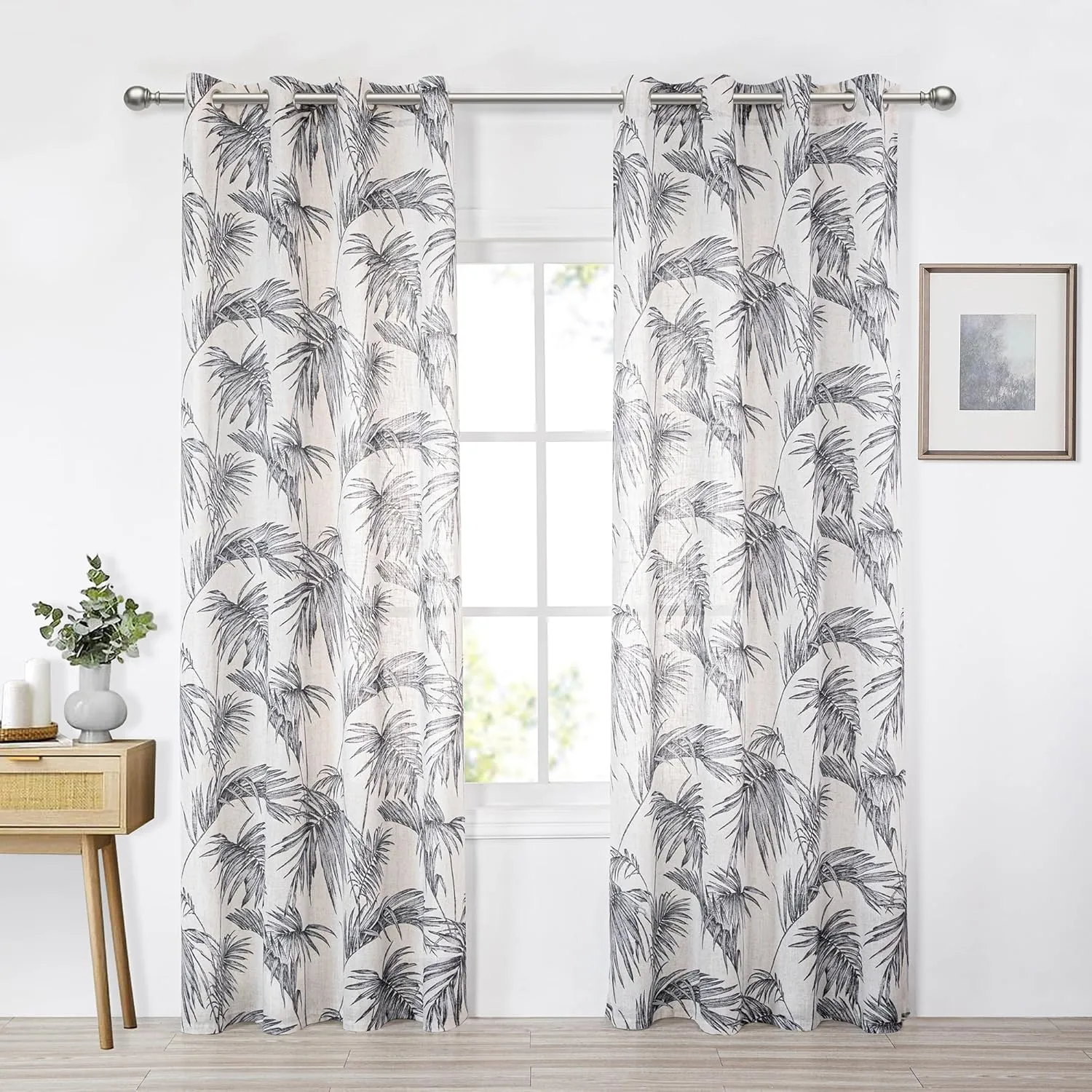 MYSKY HOME Linen Curtains for Living Room Plant Leaf Patterned Semi Sheer Vertical Drapes Decor Hawaiian Style Texture for Dining Room Light Soften Privacy, Grey, W52 x L84, Pack-2