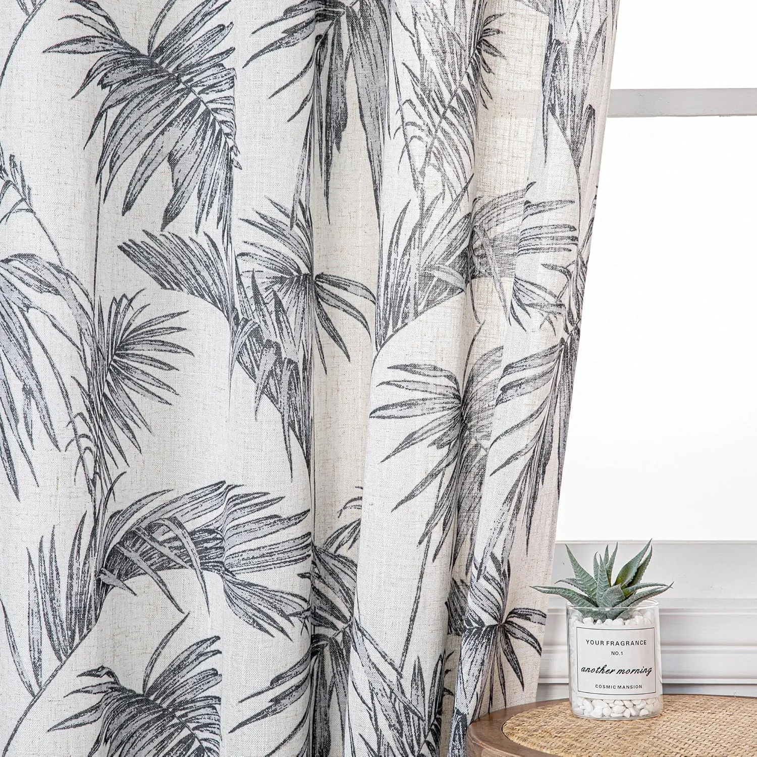 MYSKY HOME Linen Curtains for Living Room Plant Leaf Patterned Semi Sheer Vertical Drapes Decor Hawaiian Style Texture for Dining Room Light Soften Privacy, Grey, W52 x L84, Pack-2