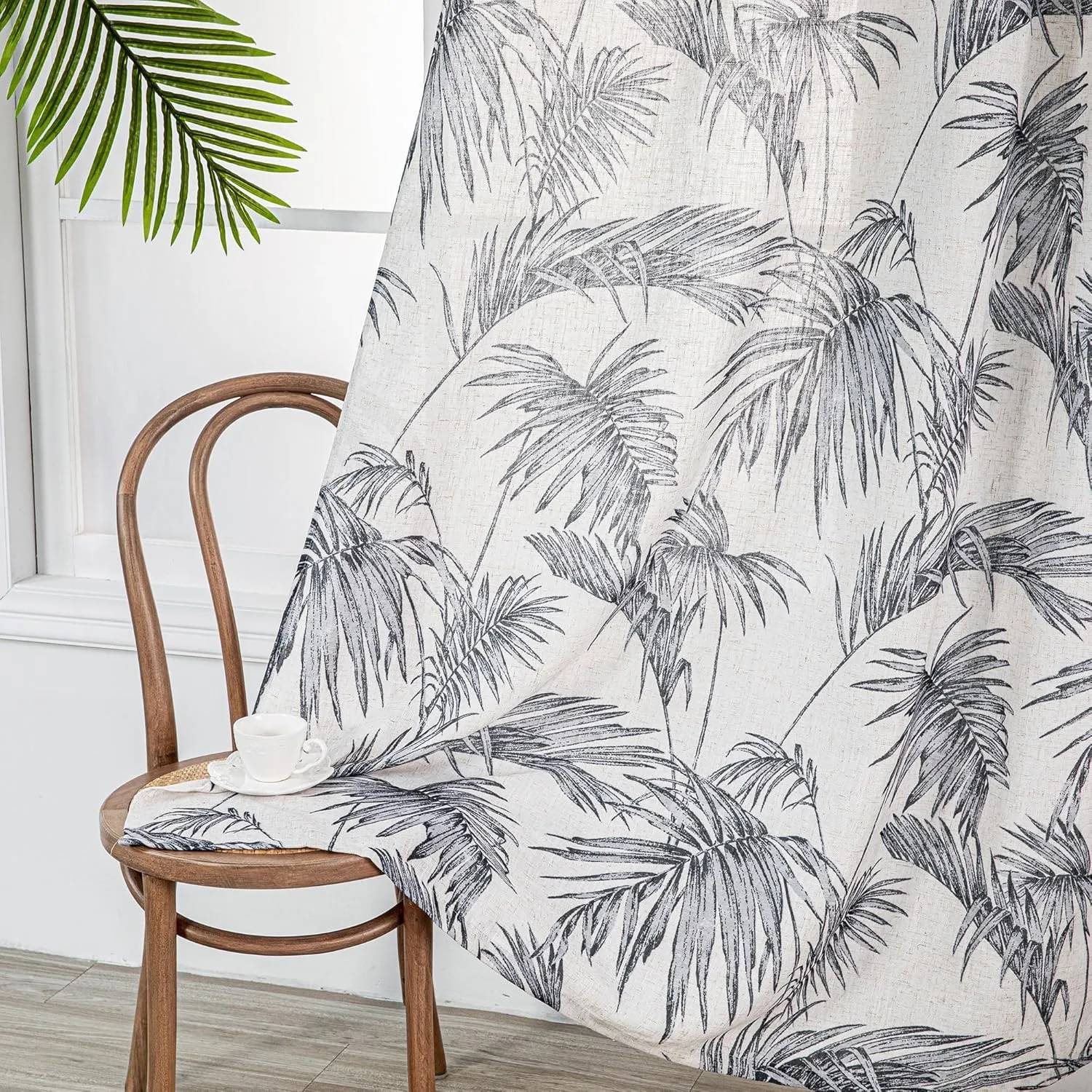 MYSKY HOME Linen Curtains for Living Room Plant Leaf Patterned Semi Sheer Vertical Drapes Decor Hawaiian Style Texture for Dining Room Light Soften Privacy, Grey, W52 x L84, Pack-2