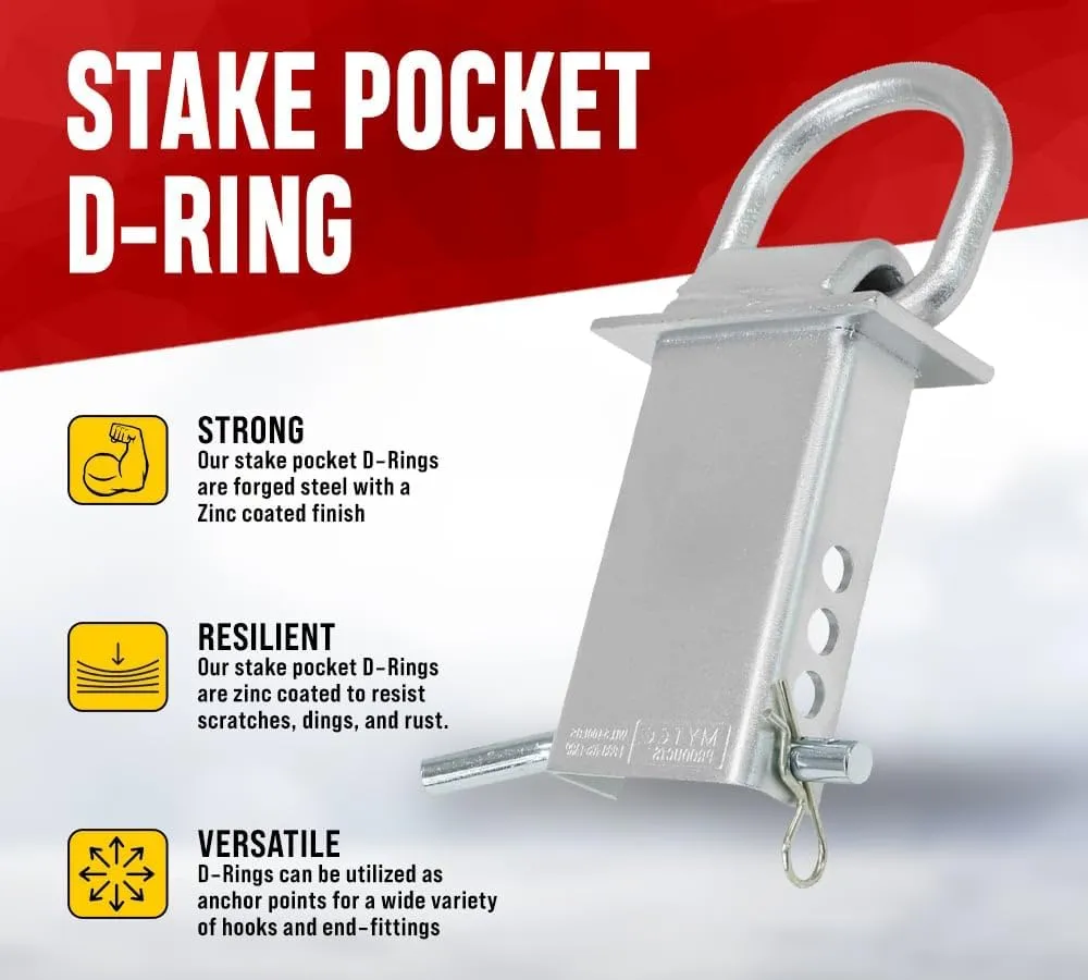 Mytee Products Heavy Duty Adjustable Trailer Stake Pocket D Ring Zinc Coated w/ 1/2" Hitch Pin, WLL 5400 lbs & 4 Adjustable Hole, Stake Pocket D-Ring Tie Down Utility for Flatbed Trucks – 2 Pack