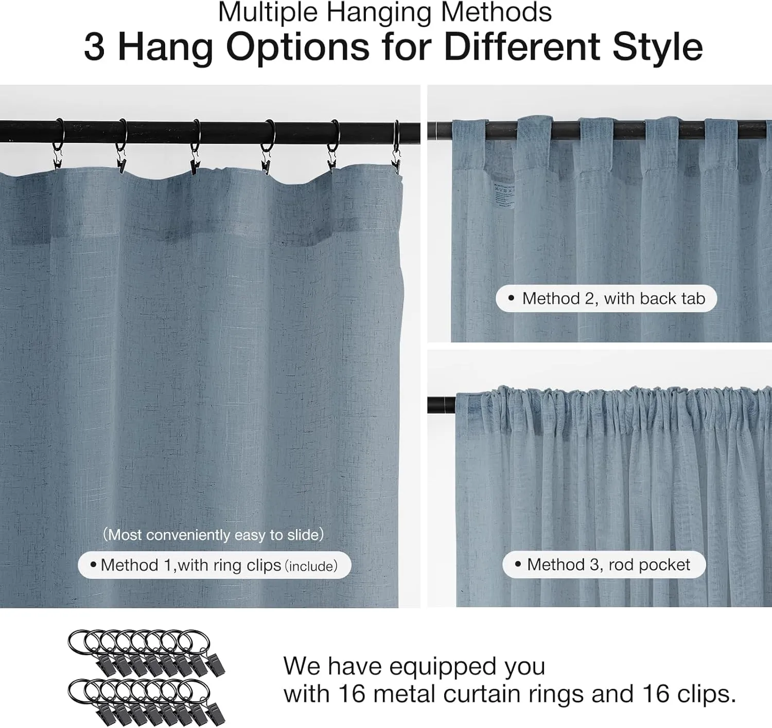 Natural Linen Curtains for Living Room 90 Inch Length 2 Panels Set, Light Filtering Semi Sheer Window Curtain Drapes for Bedroom with Curtain Rings and Clips, 52 Inch Wide Each Panel, Haze Blue