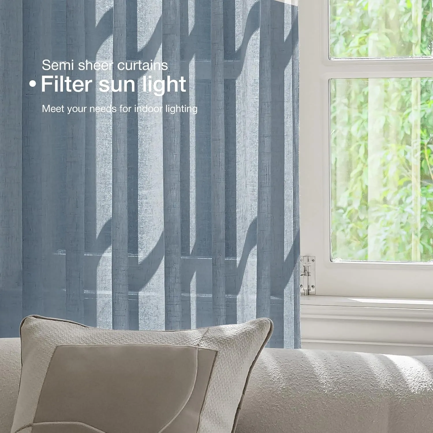 Natural Linen Curtains for Living Room 90 Inch Length 2 Panels Set, Light Filtering Semi Sheer Window Curtain Drapes for Bedroom with Curtain Rings and Clips, 52 Inch Wide Each Panel, Haze Blue