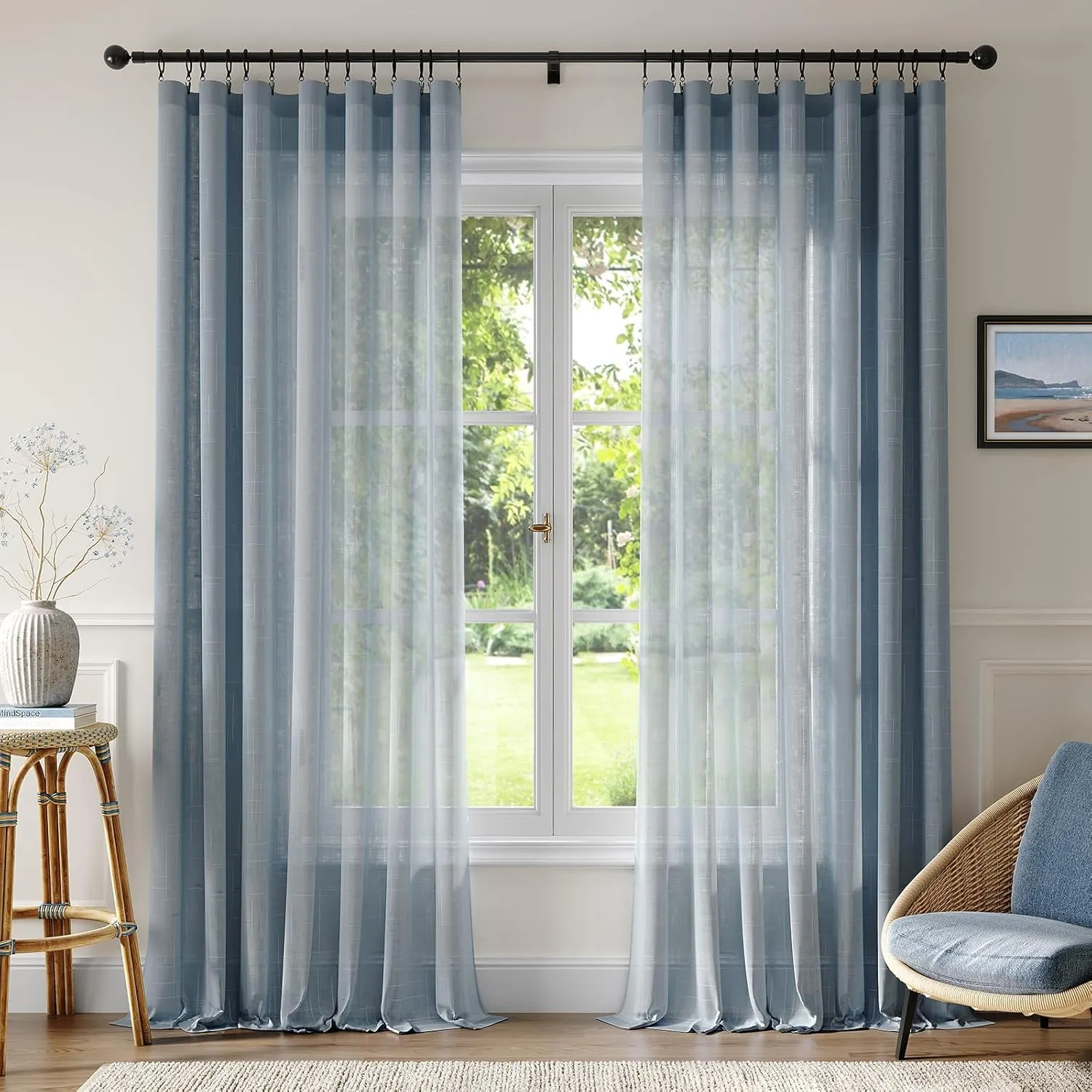 Natural Linen Curtains for Living Room 90 Inch Length 2 Panels Set, Light Filtering Semi Sheer Window Curtain Drapes for Bedroom with Curtain Rings and Clips, 52 Inch Wide Each Panel, Haze Blue