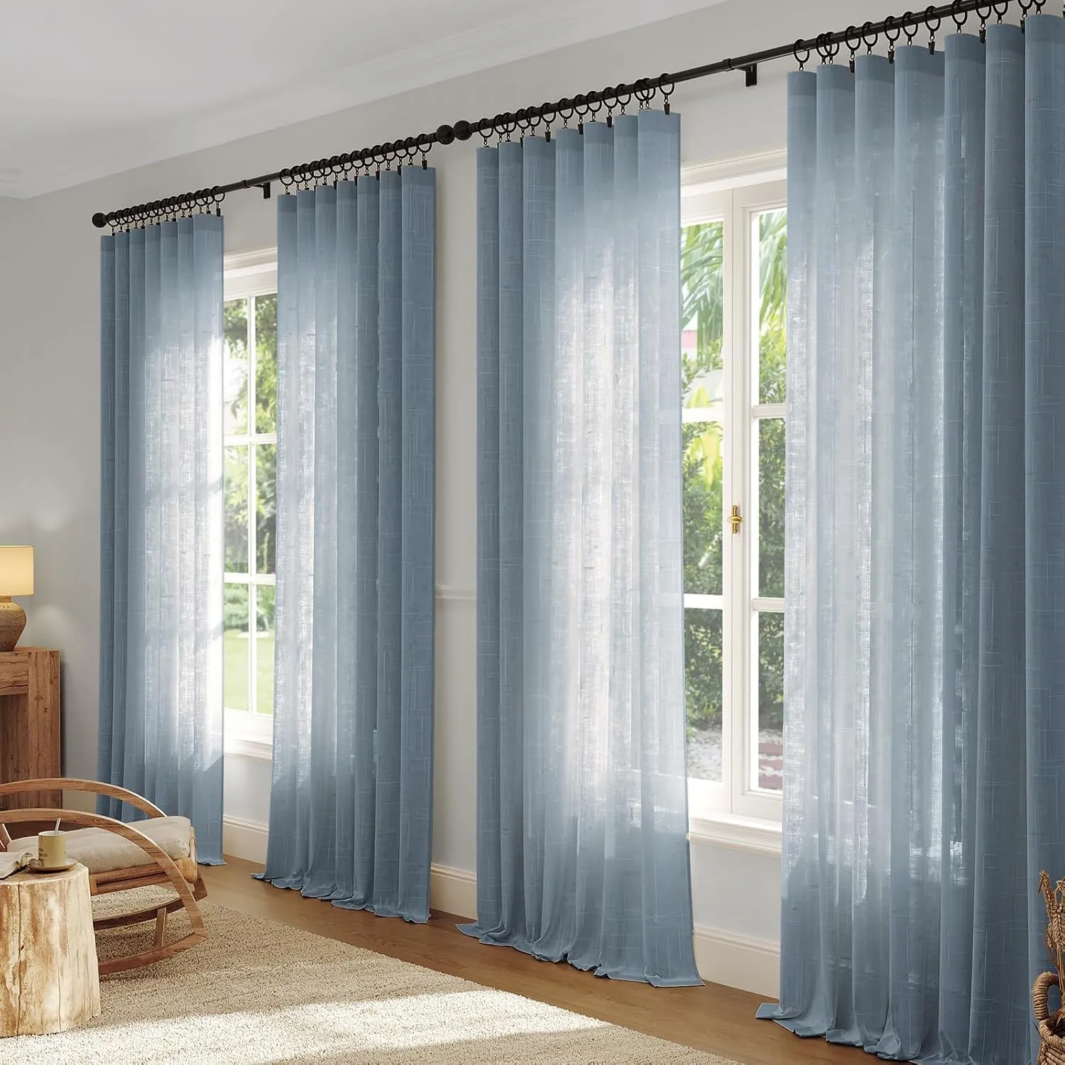 Natural Linen Curtains for Living Room 90 Inch Length 2 Panels Set, Light Filtering Semi Sheer Window Curtain Drapes for Bedroom with Curtain Rings and Clips, 52 Inch Wide Each Panel, Haze Blue