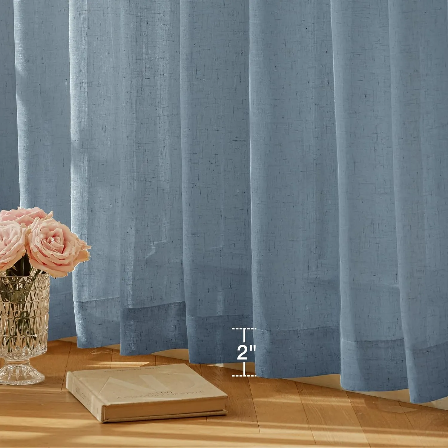 Natural Linen Curtains for Living Room 90 Inch Length 2 Panels Set, Light Filtering Semi Sheer Window Curtain Drapes for Bedroom with Curtain Rings and Clips, 52 Inch Wide Each Panel, Haze Blue