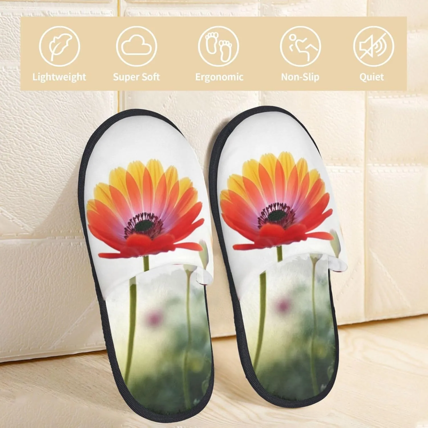 Nature Flower Furry Slippers for Men Women Fuzzy Memory Foam Slippers Warm Comfy Slip-on Bedroom Shoes Winter House Shoes for Indoor Outdoor