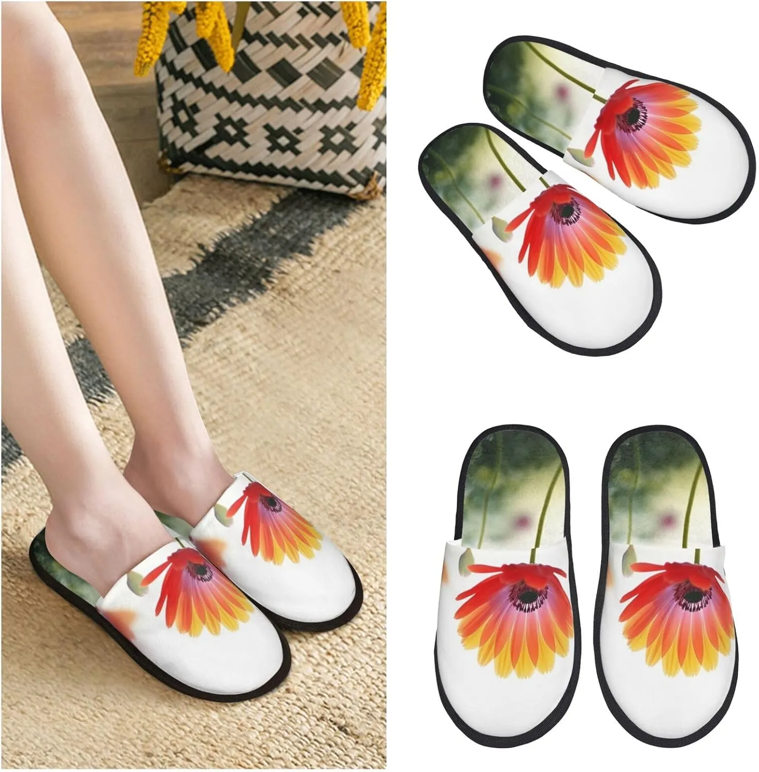 Nature Flower Furry Slippers for Men Women Fuzzy Memory Foam Slippers Warm Comfy Slip-on Bedroom Shoes Winter House Shoes for Indoor Outdoor