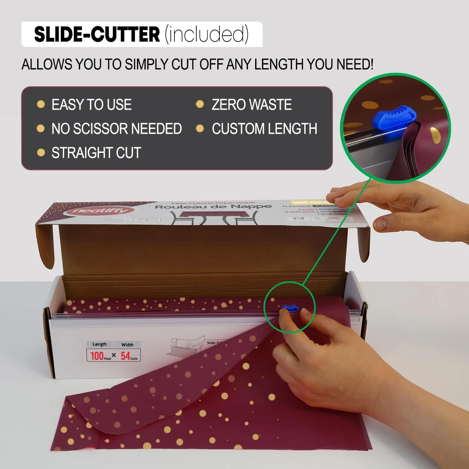 Neatiffy Disposable Plastic Table Cloth Roll with Slide Cutter | Waterproof Cover for All Type/Shape Tables | Picnic, Party, Banquet, Birthdays, Weddings (Burgundy Gold Dots)