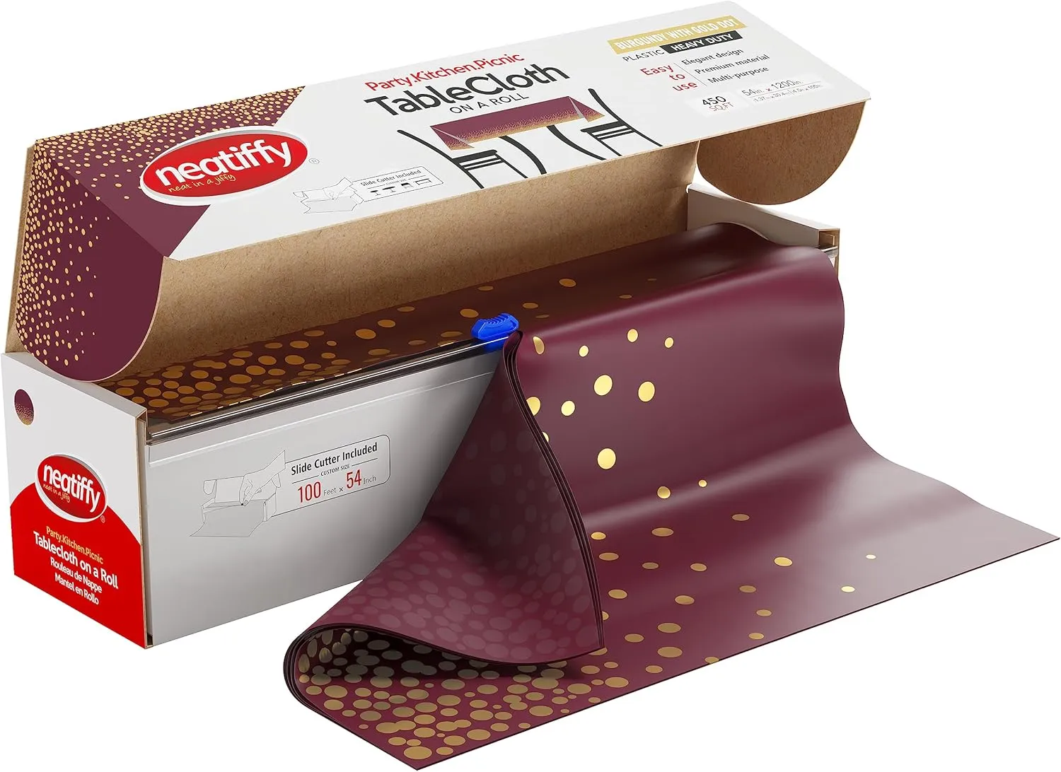 Neatiffy Disposable Plastic Table Cloth Roll with Slide Cutter | Waterproof Cover for All Type/Shape Tables | Picnic, Party, Banquet, Birthdays, Weddings (Burgundy Gold Dots)
