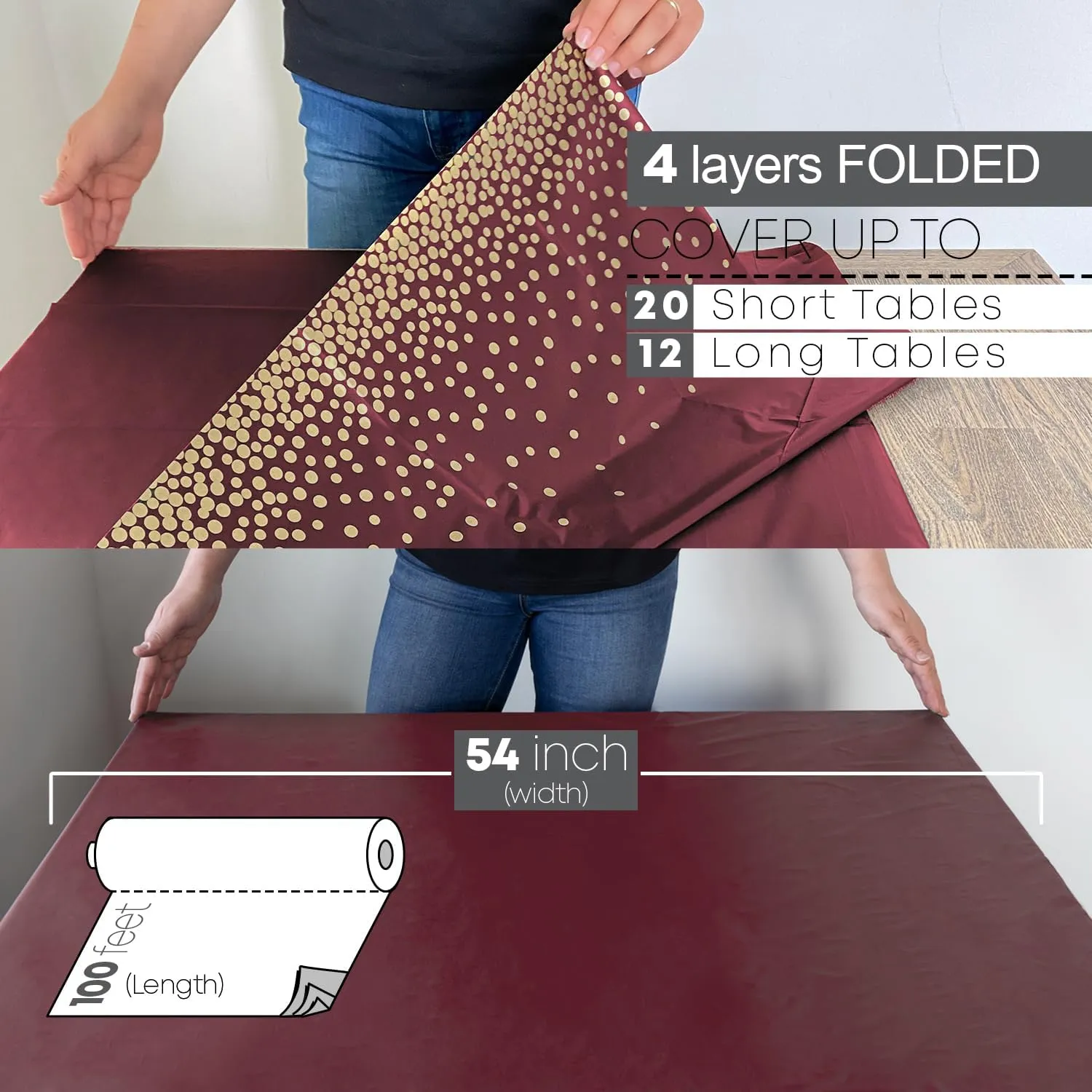 Neatiffy Disposable Plastic Table Cloth Roll with Slide Cutter | Waterproof Cover for All Type/Shape Tables | Picnic, Party, Banquet, Birthdays, Weddings (Burgundy Gold Dots)