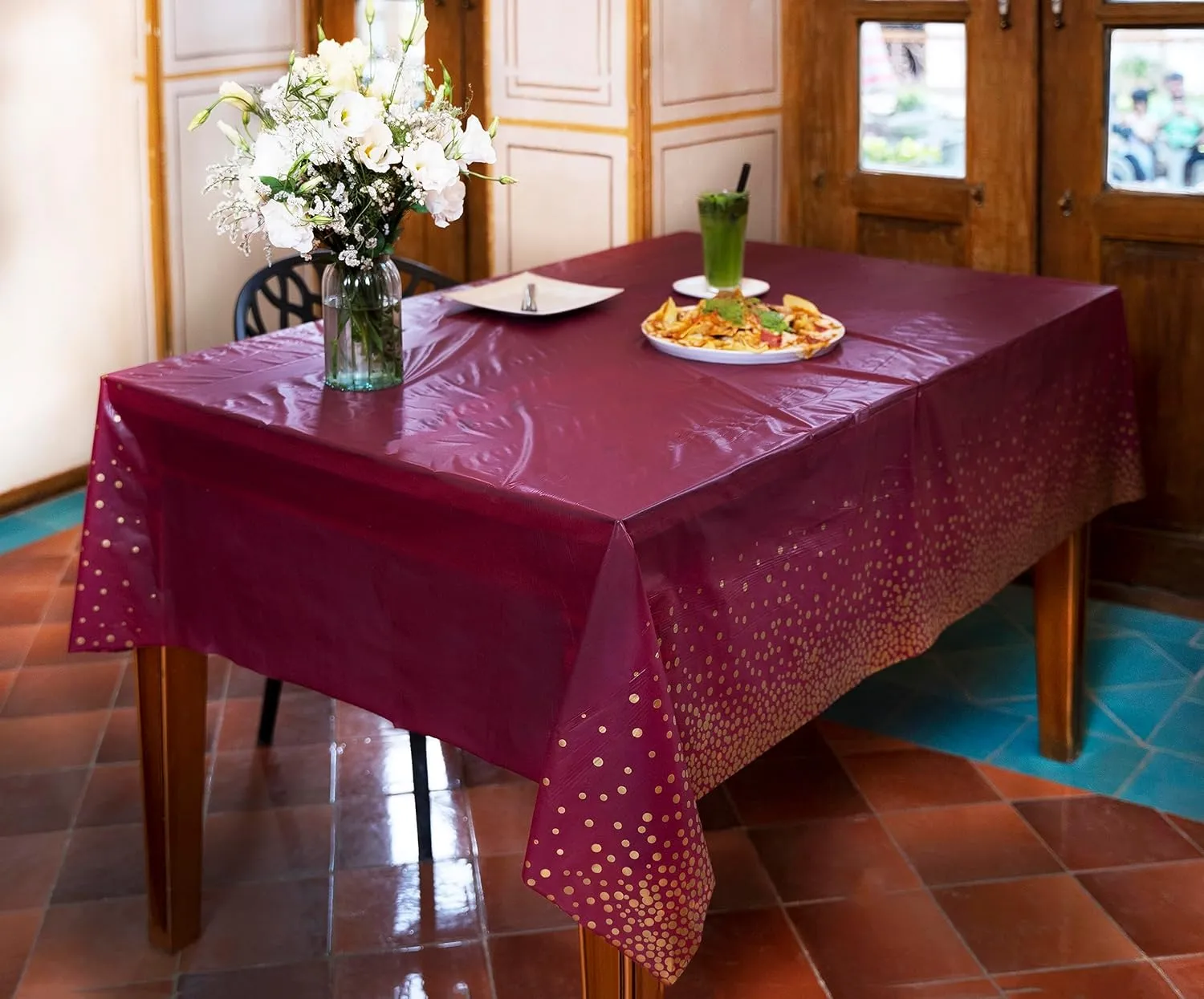 Neatiffy Disposable Plastic Table Cloth Roll with Slide Cutter | Waterproof Cover for All Type/Shape Tables | Picnic, Party, Banquet, Birthdays, Weddings (Burgundy Gold Dots)