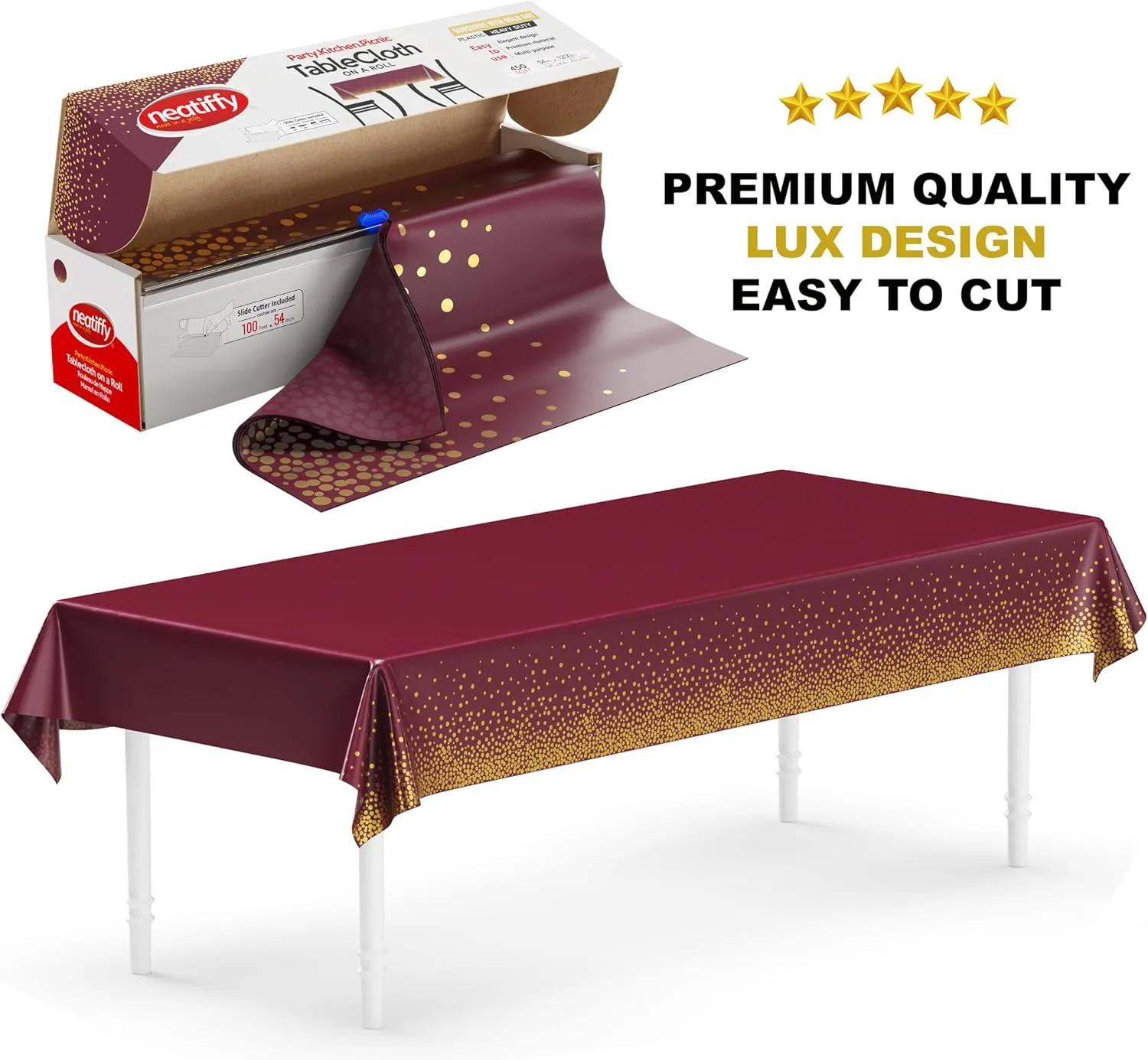Neatiffy Disposable Plastic Table Cloth Roll with Slide Cutter | Waterproof Cover for All Type/Shape Tables | Picnic, Party, Banquet, Birthdays, Weddings (Burgundy Gold Dots)