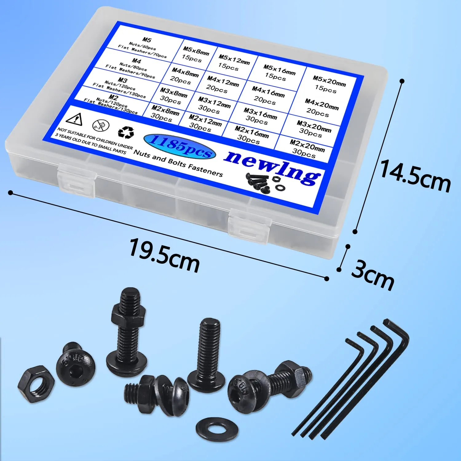 newlng 1180pcs M2 M3 M4 M5 Screws Set Black Nuts and Bolts Flat Washers Assortment 10.9 Grade Alloy Steel Metric Machine Screws and Nuts Socket Head Screws Assorted with Four Hex Wrenches