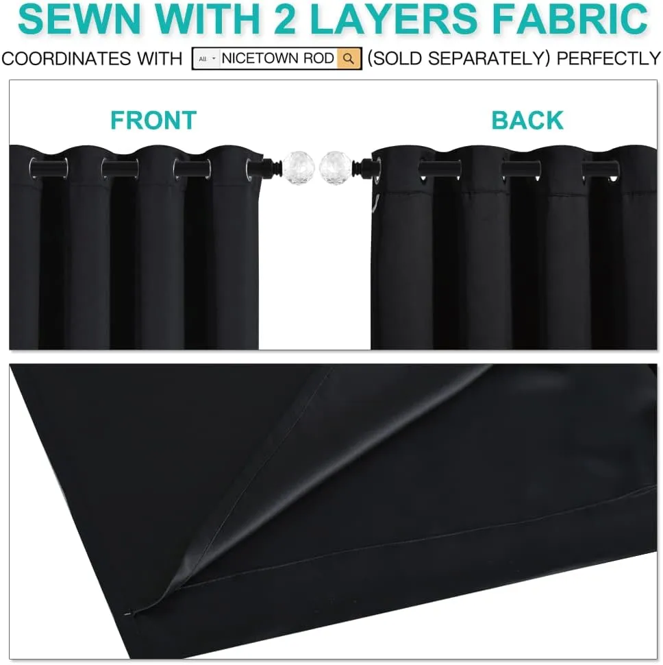 NICETOWN Cold Blocking 100% Blackout Curtains, Durable Black Lined Blackout Curtains for Bedroom, Energy Saving Long Curtains for Patio Sliding Glass Door, Black, 52 inches x 95 inches, 2 Panels