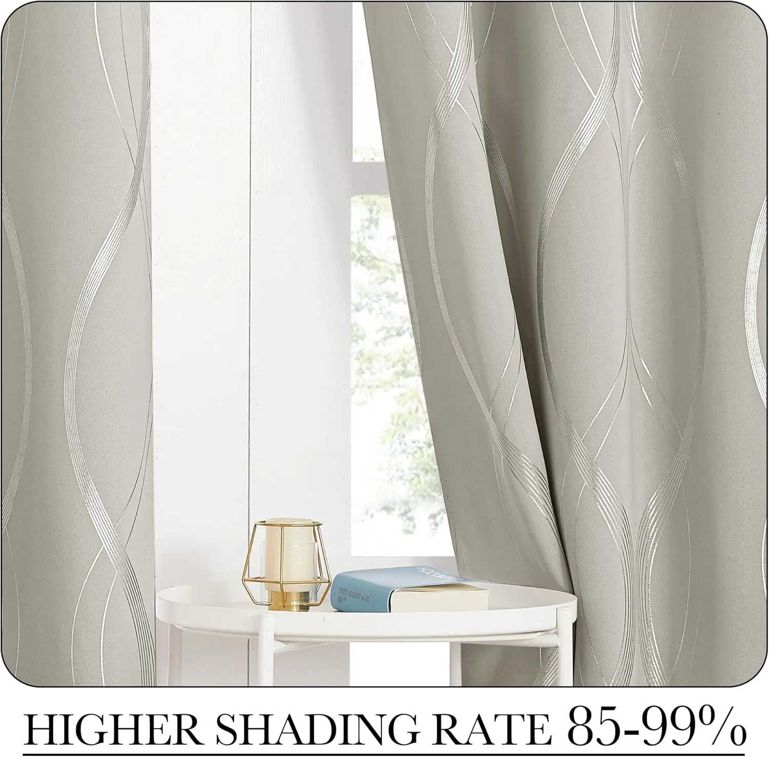 NICETOWN Room Darkening Curtains for Bedroom, Natural, 2 Panels, 52 x 84 inch, Noise Reducing Thermal Insulated Wave Line Foil Print Design Blackout Curtains for Storage Office Work Area