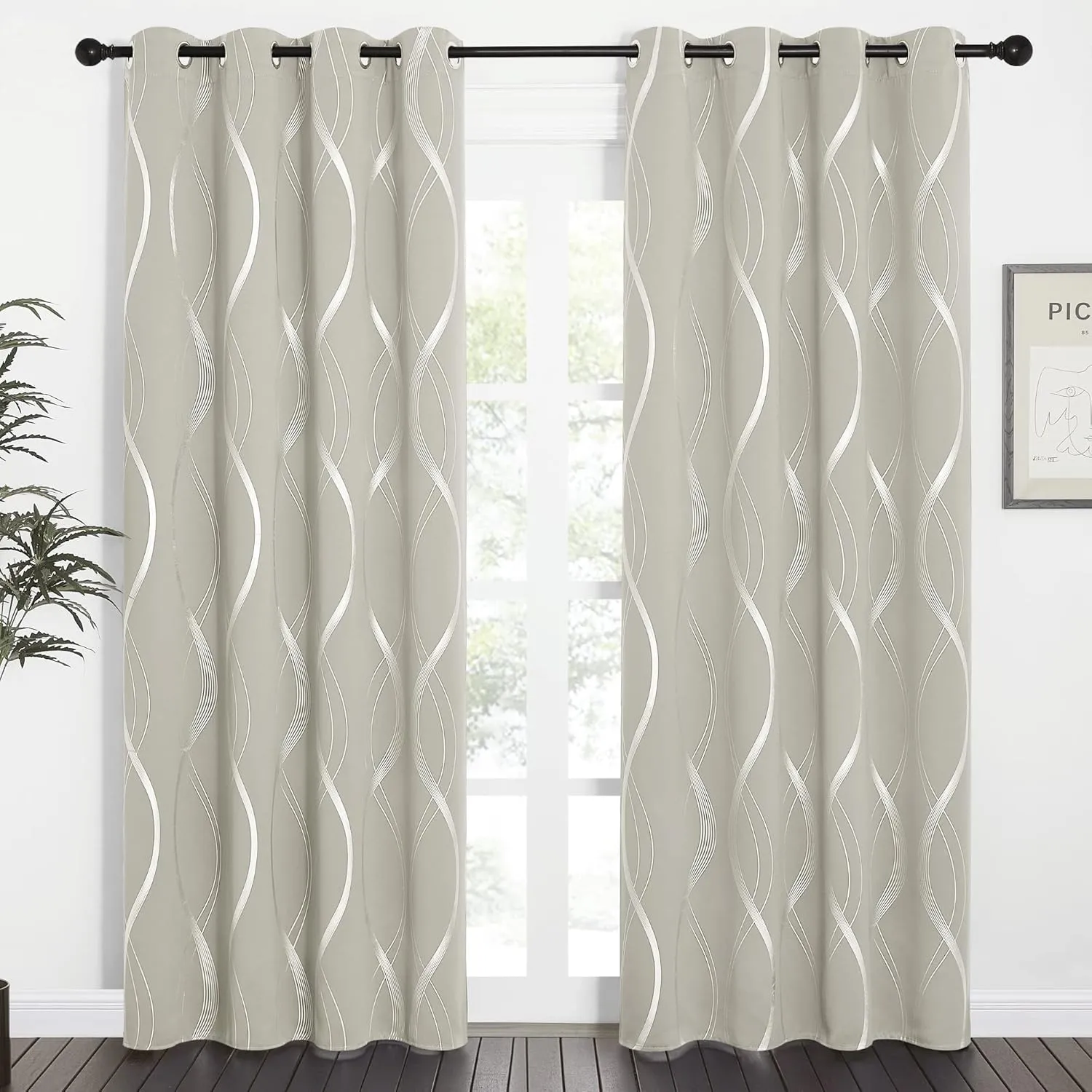 NICETOWN Room Darkening Curtains for Bedroom, Natural, 2 Panels, 52 x 84 inch, Noise Reducing Thermal Insulated Wave Line Foil Print Design Blackout Curtains for Storage Office Work Area