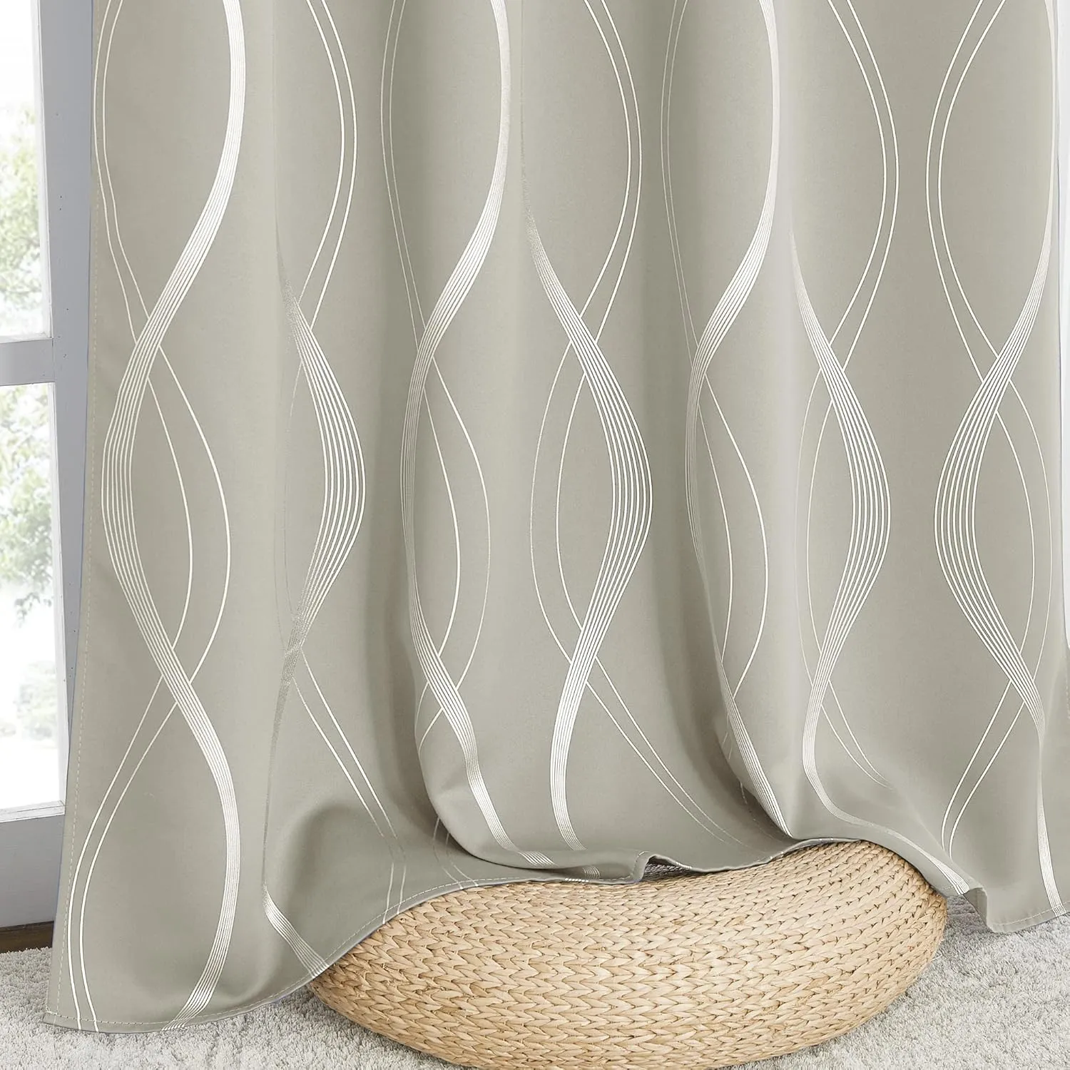 NICETOWN Room Darkening Curtains for Bedroom, Natural, 2 Panels, 52 x 84 inch, Noise Reducing Thermal Insulated Wave Line Foil Print Design Blackout Curtains for Storage Office Work Area