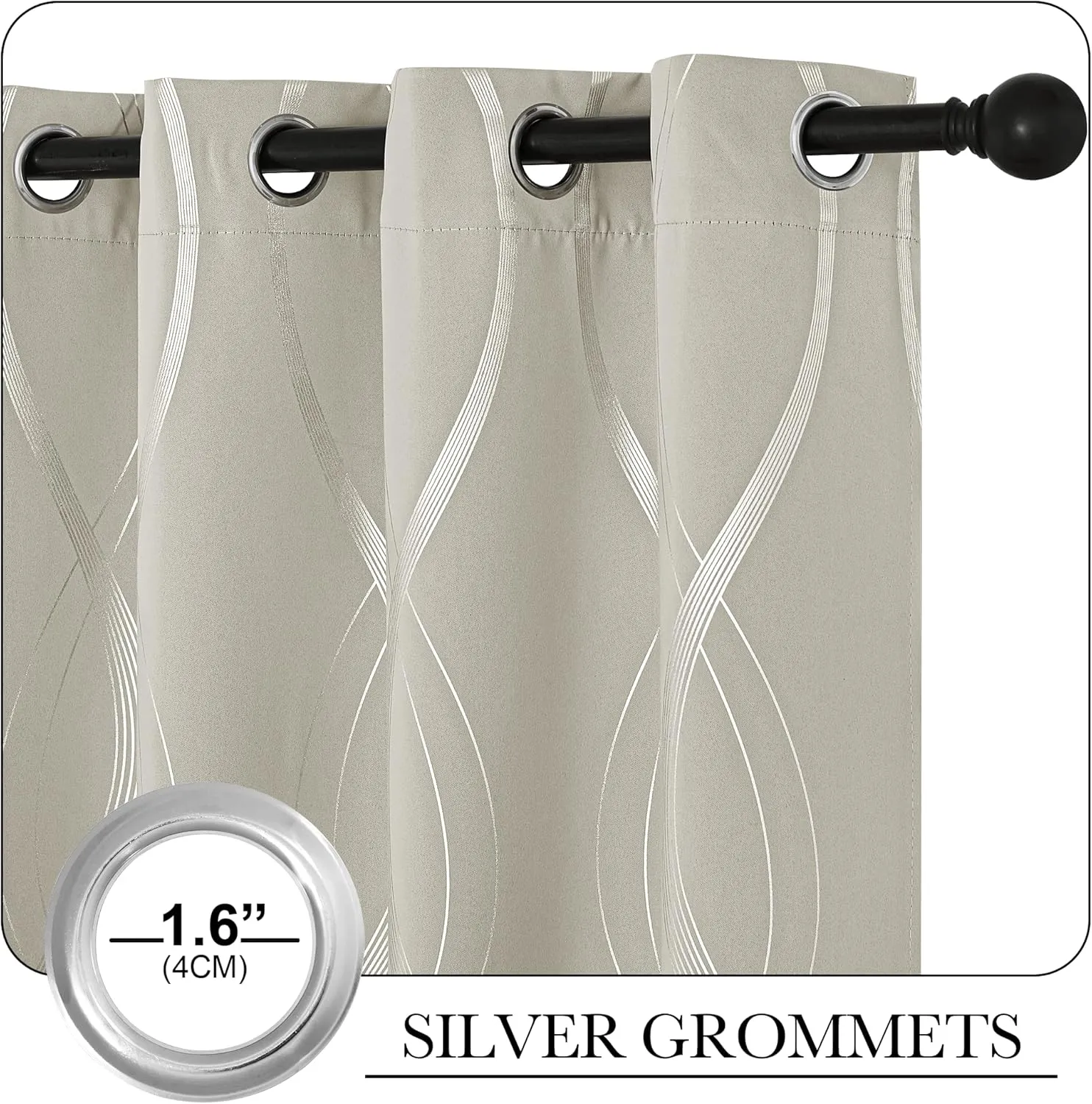 NICETOWN Room Darkening Curtains for Bedroom, Natural, 2 Panels, 52 x 84 inch, Noise Reducing Thermal Insulated Wave Line Foil Print Design Blackout Curtains for Storage Office Work Area