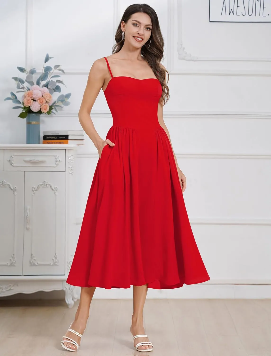 ODIZLI Womens Corset Dress Summer Sundress Spaghetti Straps Low Cut Bustier Cami Midi Dress with Pockets Solid/Floral Print