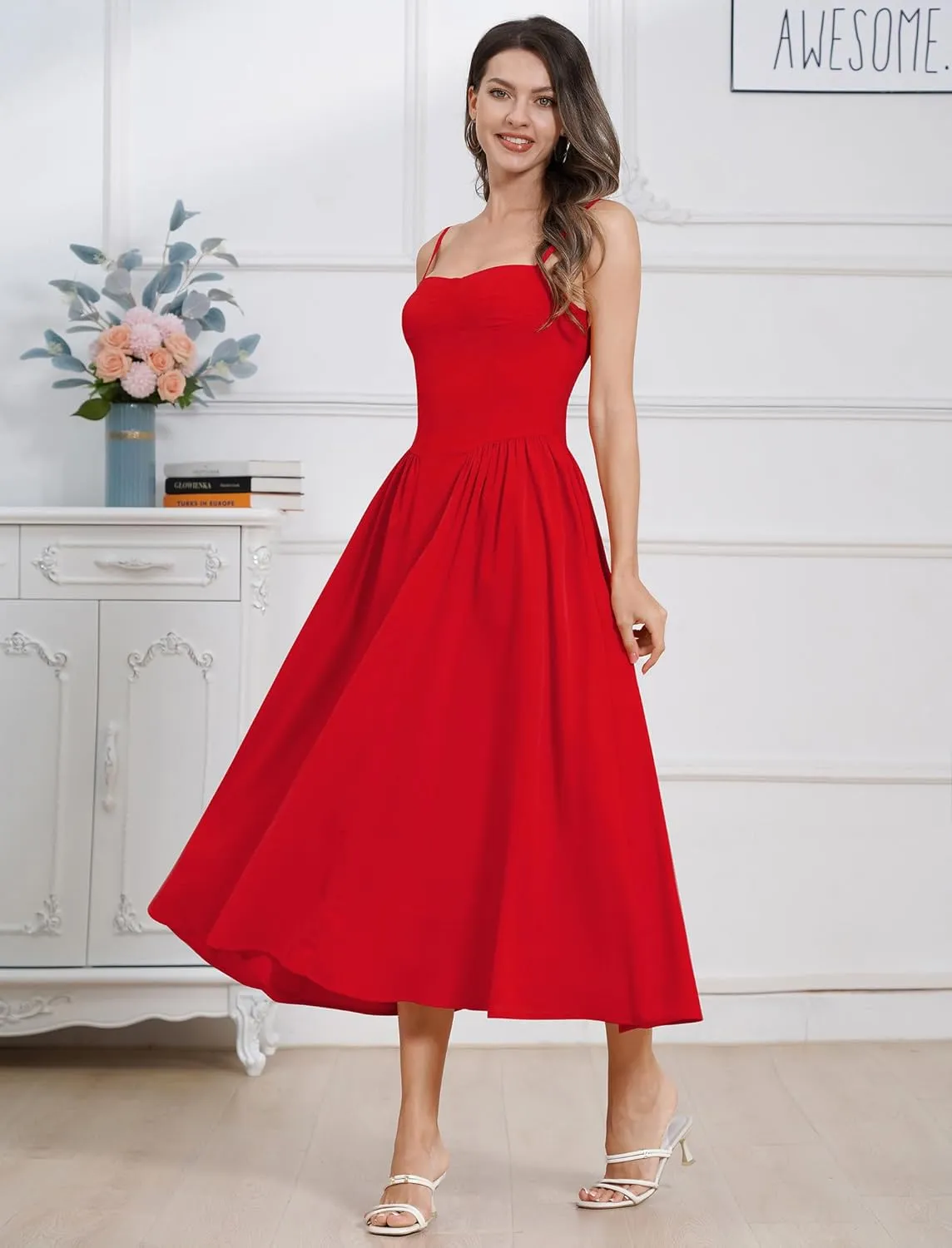 ODIZLI Womens Corset Dress Summer Sundress Spaghetti Straps Low Cut Bustier Cami Midi Dress with Pockets Solid/Floral Print