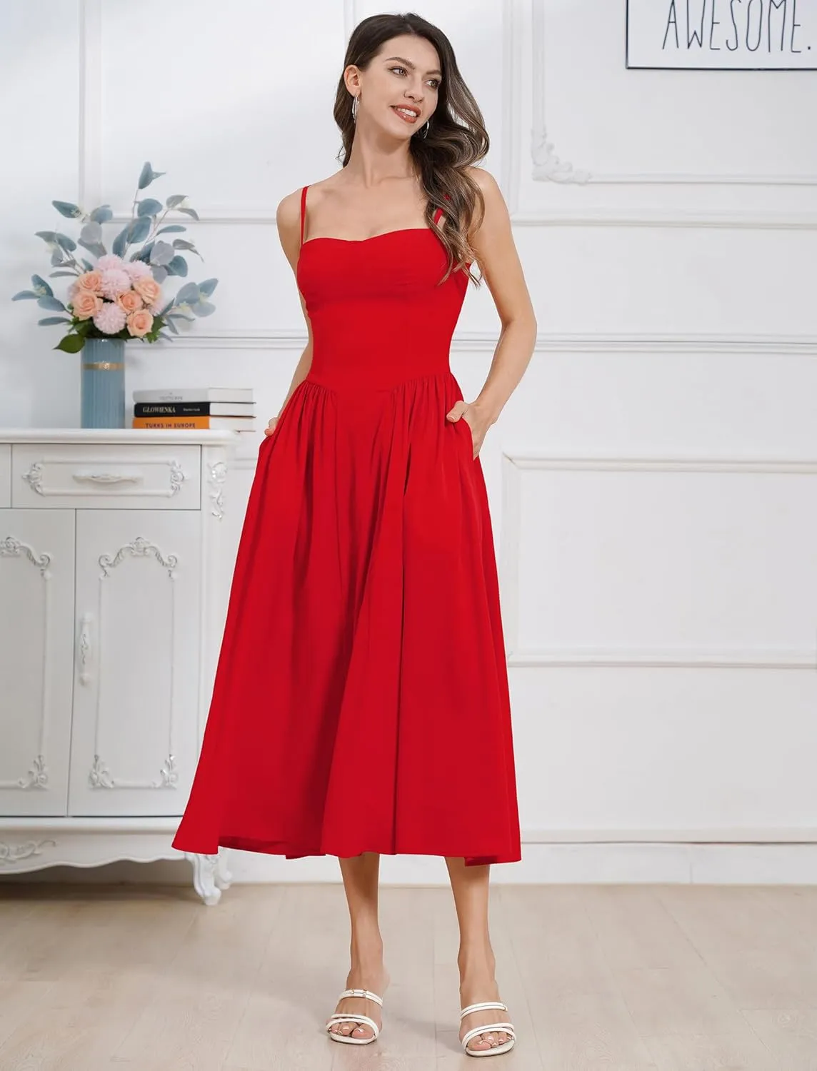 ODIZLI Womens Corset Dress Summer Sundress Spaghetti Straps Low Cut Bustier Cami Midi Dress with Pockets Solid/Floral Print