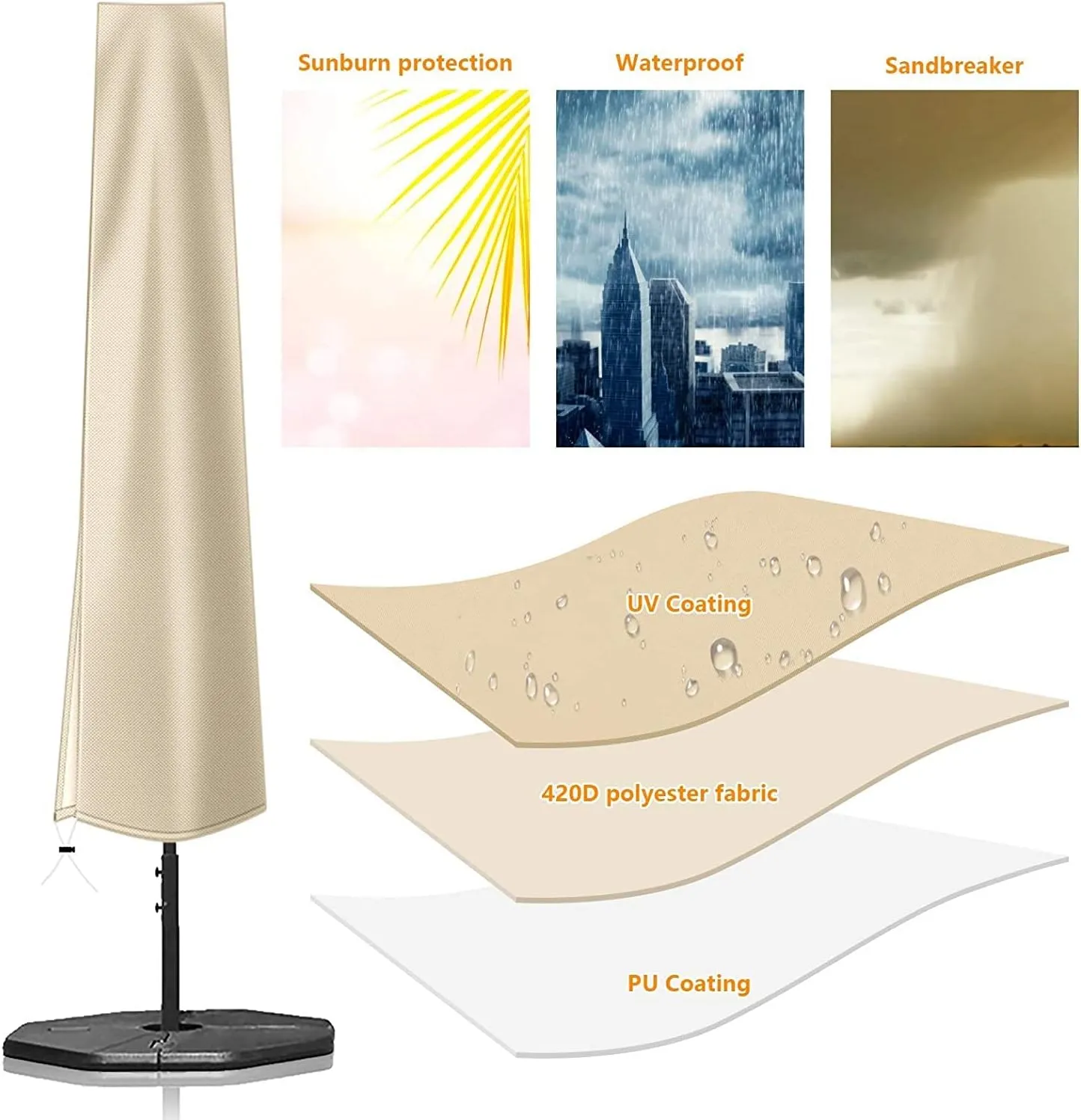 OKPOW Umbrella Cover 420D Oxford Fabric Patio Umbrella Covers Waterproof with Zip, for 9ft to 12ft Garden Outdoor Umbrella (Beige)