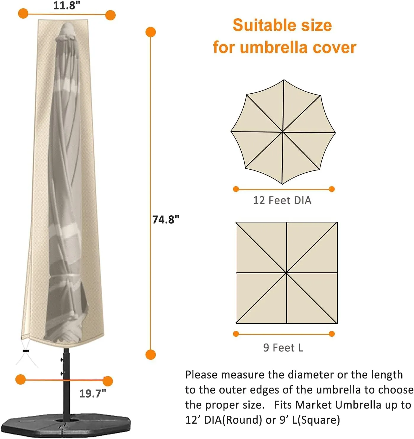 OKPOW Umbrella Cover 420D Oxford Fabric Patio Umbrella Covers Waterproof with Zip, for 9ft to 12ft Garden Outdoor Umbrella (Beige)