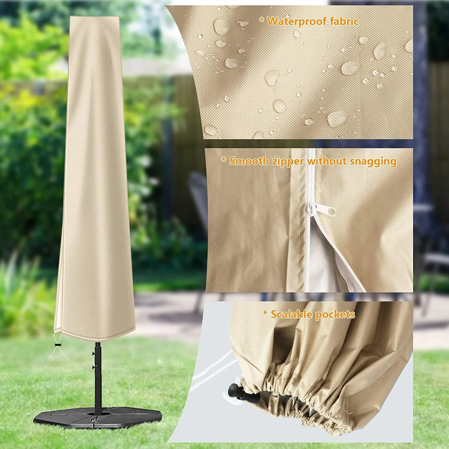 OKPOW Umbrella Cover 420D Oxford Fabric Patio Umbrella Covers Waterproof with Zip, for 9ft to 12ft Garden Outdoor Umbrella (Beige)