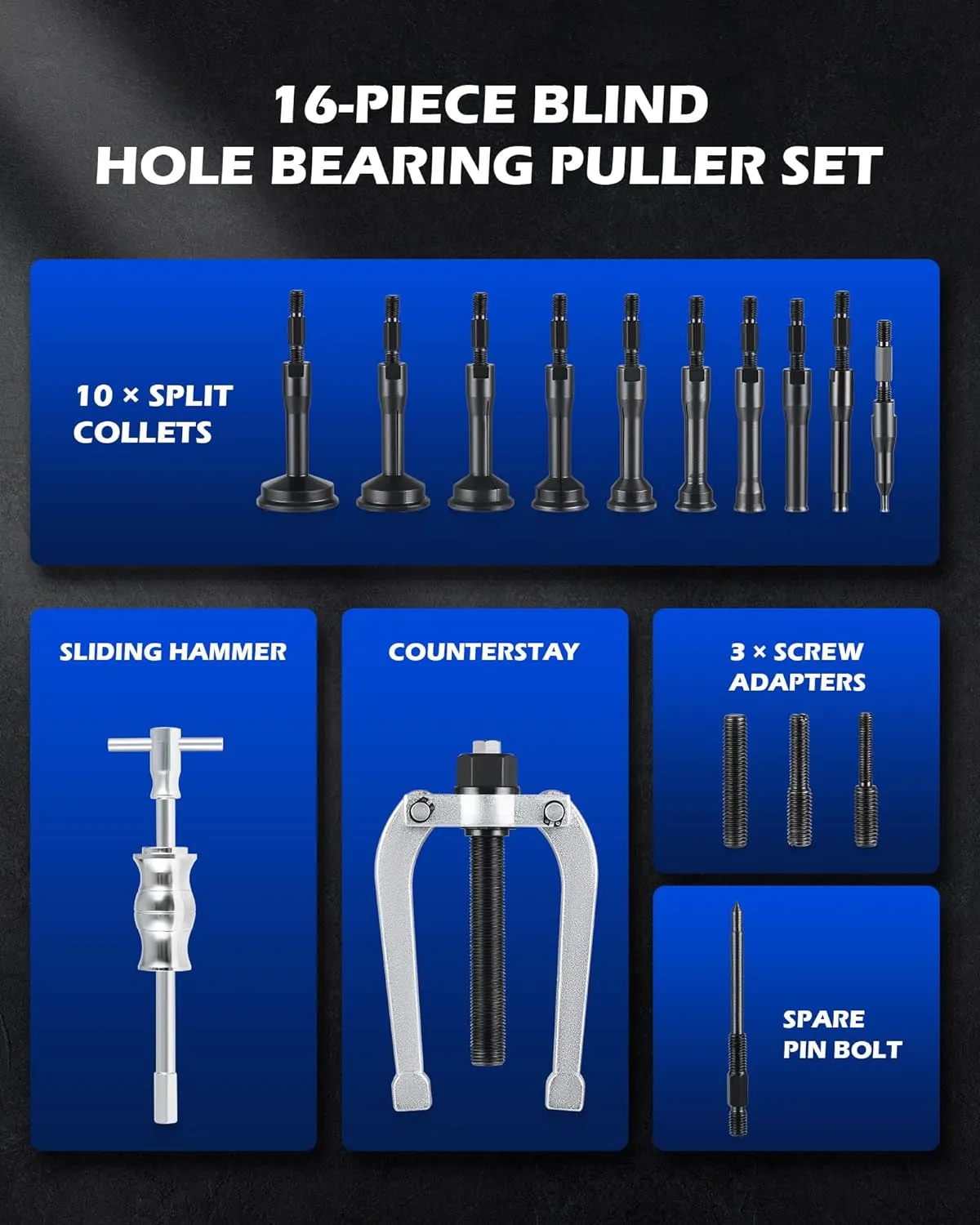 Orion Motor Tech Blind Hole Collet Bearing Race and Seal Puller Extractor Kit, Slide Hammer Pilot Insert Inner Internal Bearing Removal Tool Set, 16PCS