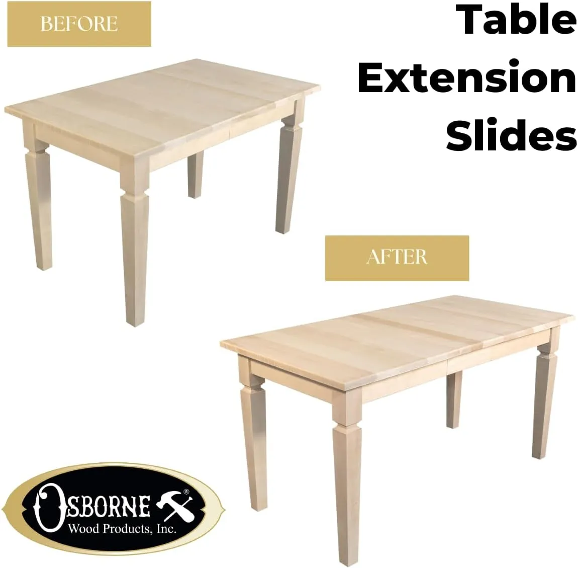Osborne Standard Wooden Table Slide Set, 26" Standard Table Slide (Allows for 26" Opening), Standard Table Extension for Table with 4 Legs