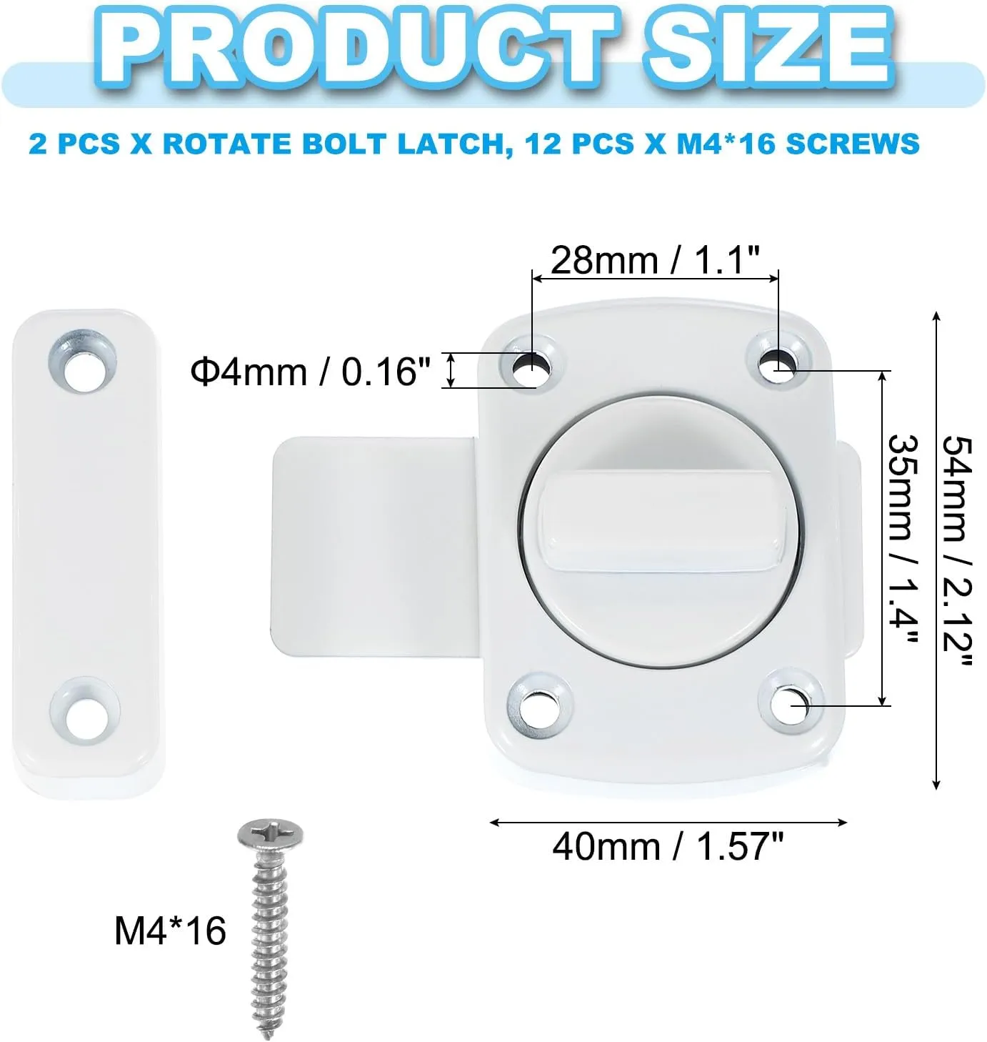 PATIKIL Rotate Bolt Latch, 2 Pack Zinc Alloy Gate Latch Safety Door Lock Security Door Slide Latch Pet Door Lock with Screws for Cabinet Closet Bathroom Furniture, White