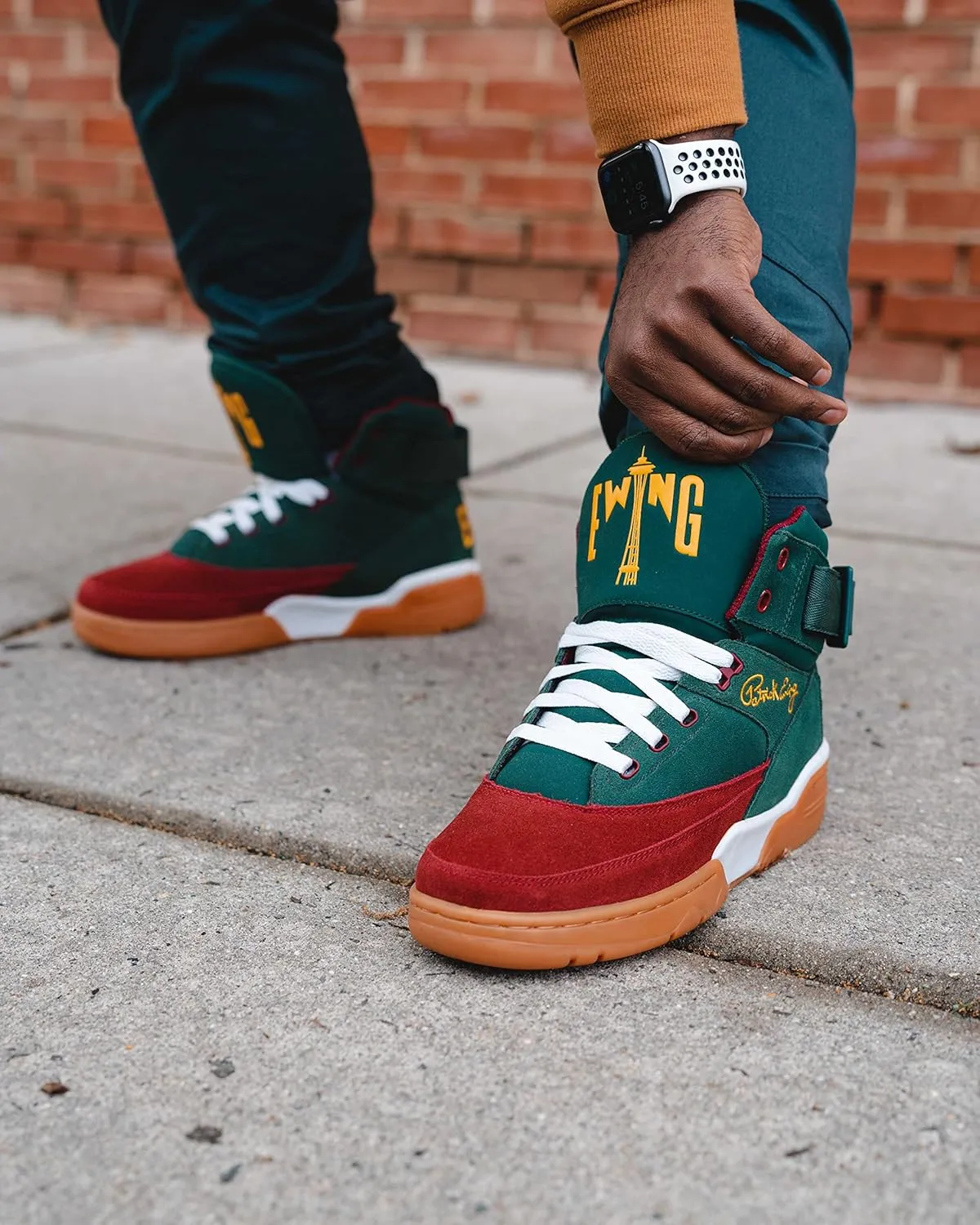 PATRICK EWING Athletics 33 HI Sneaker, Men's Sizes 5-16, Dark Green/Burgundy with Yellow Accents, Classic Gum Sole, Reversible Ankle Strap