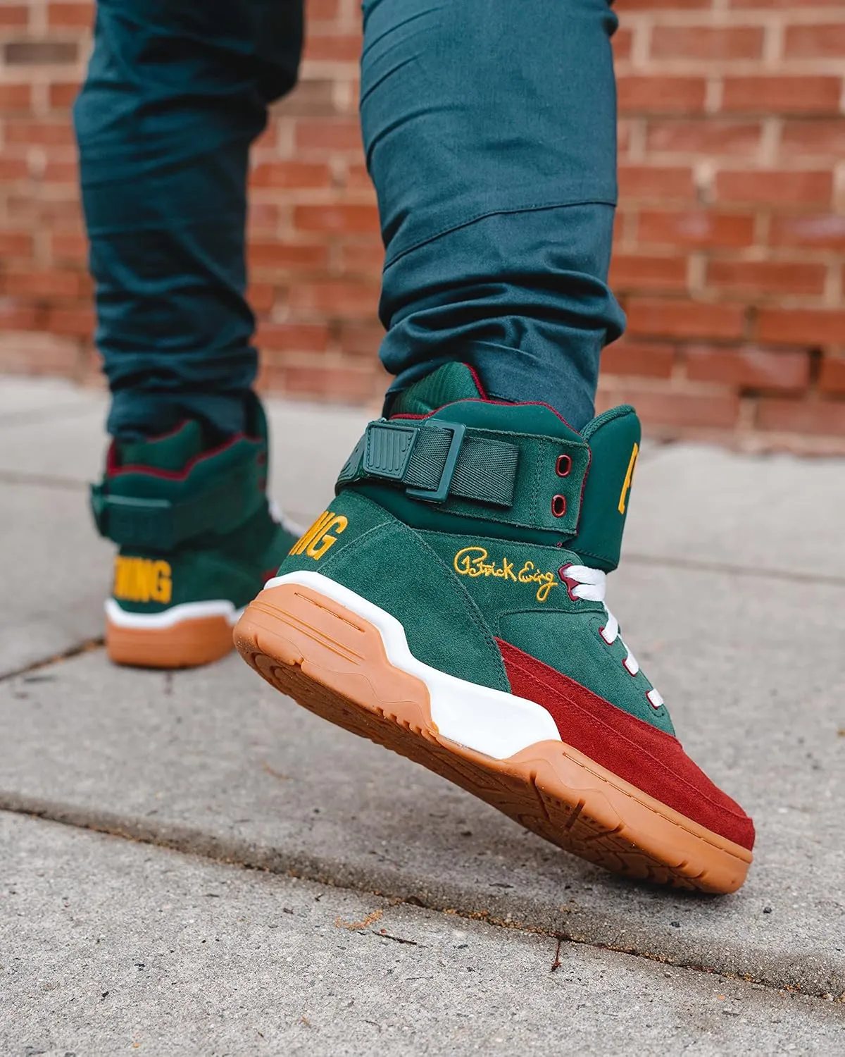 PATRICK EWING Athletics 33 HI Sneaker, Men's Sizes 5-16, Dark Green/Burgundy with Yellow Accents, Classic Gum Sole, Reversible Ankle Strap