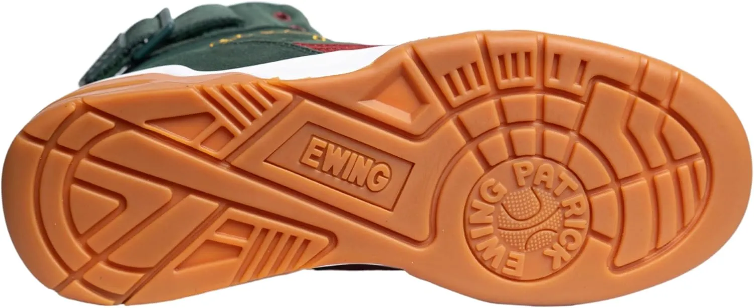 PATRICK EWING Athletics 33 HI Sneaker, Men's Sizes 5-16, Dark Green/Burgundy with Yellow Accents, Classic Gum Sole, Reversible Ankle Strap